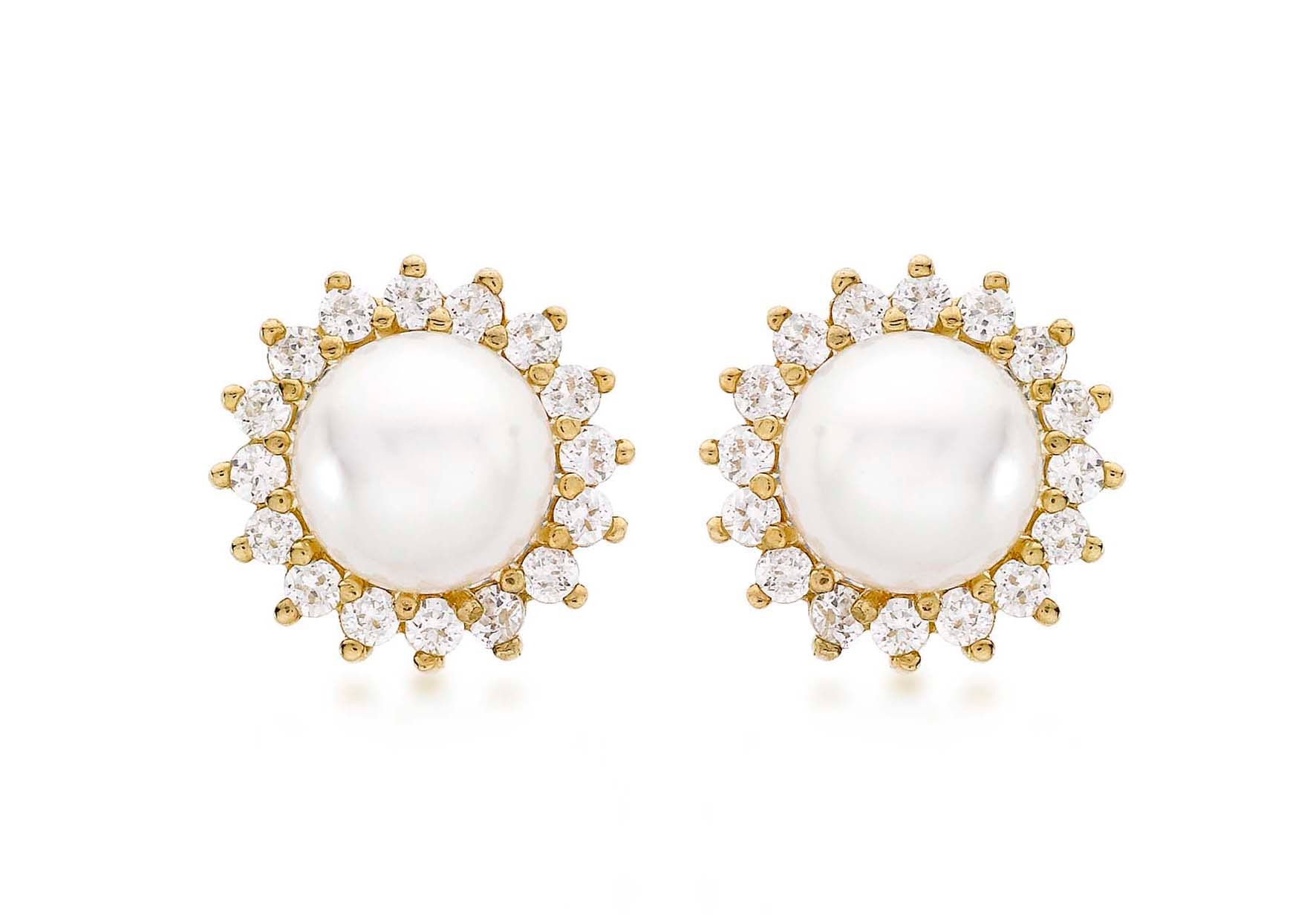 9ct Yellow Gold 12mm Pearl and Zirconia Cluster Stud Earrings