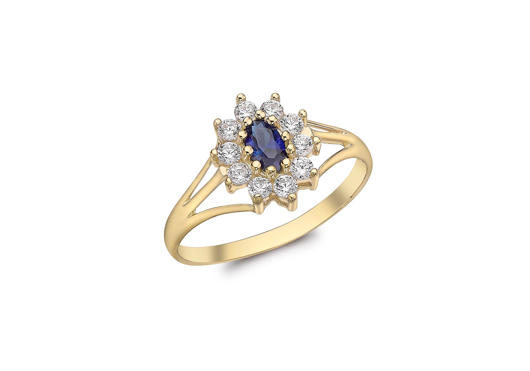 9ct Yellow Gold Blue and White Zirconia Flower Cluster Ring
