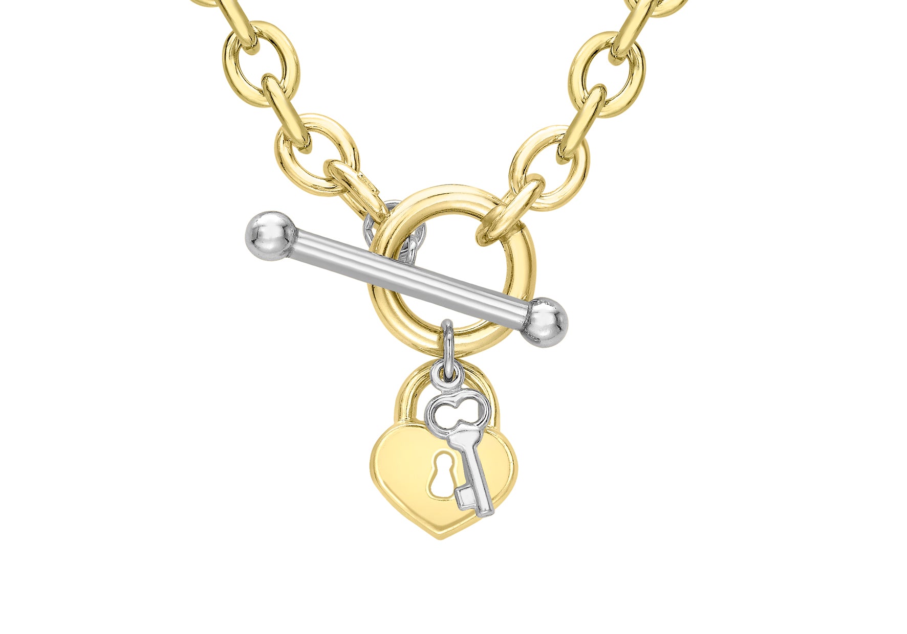 9ct 2-Colour Gold Heart Lok and Key T-Bar Belcher Chain Necklace 43m/17"9