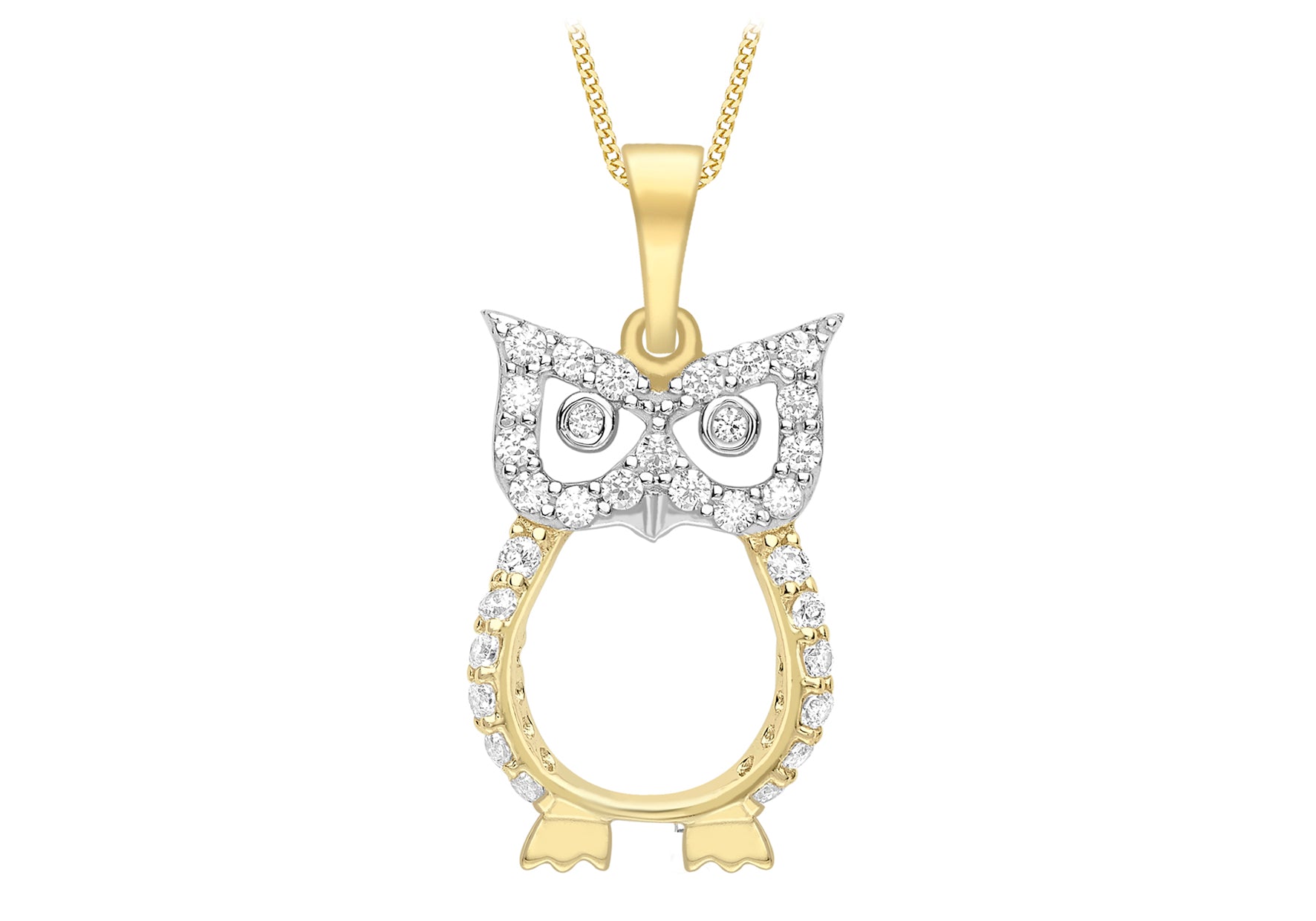9ct 2-Tone Gold Zirconia 11mm x 22mm Owl Pendant