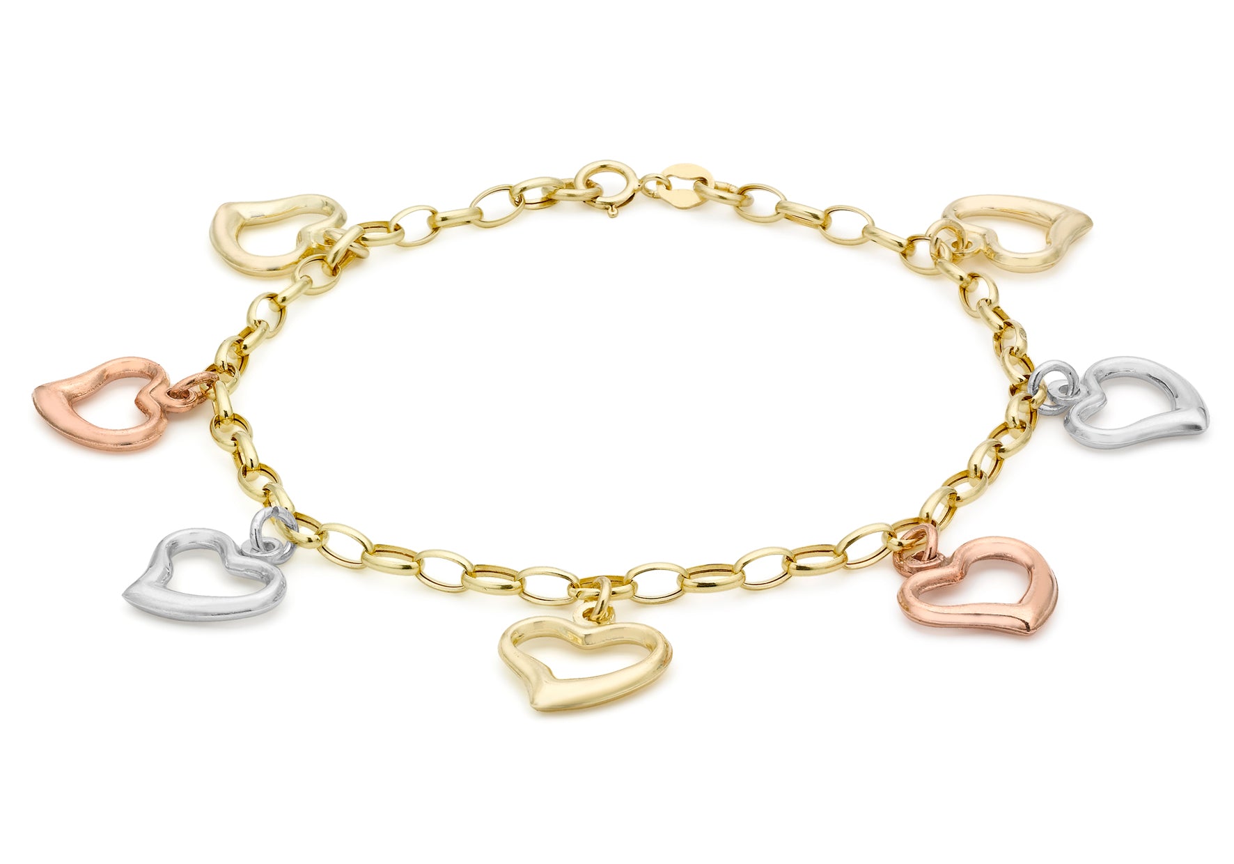 9ct 3-Colour Gold Open-Heart Charm Belcher Bracelet 18m/7"9
