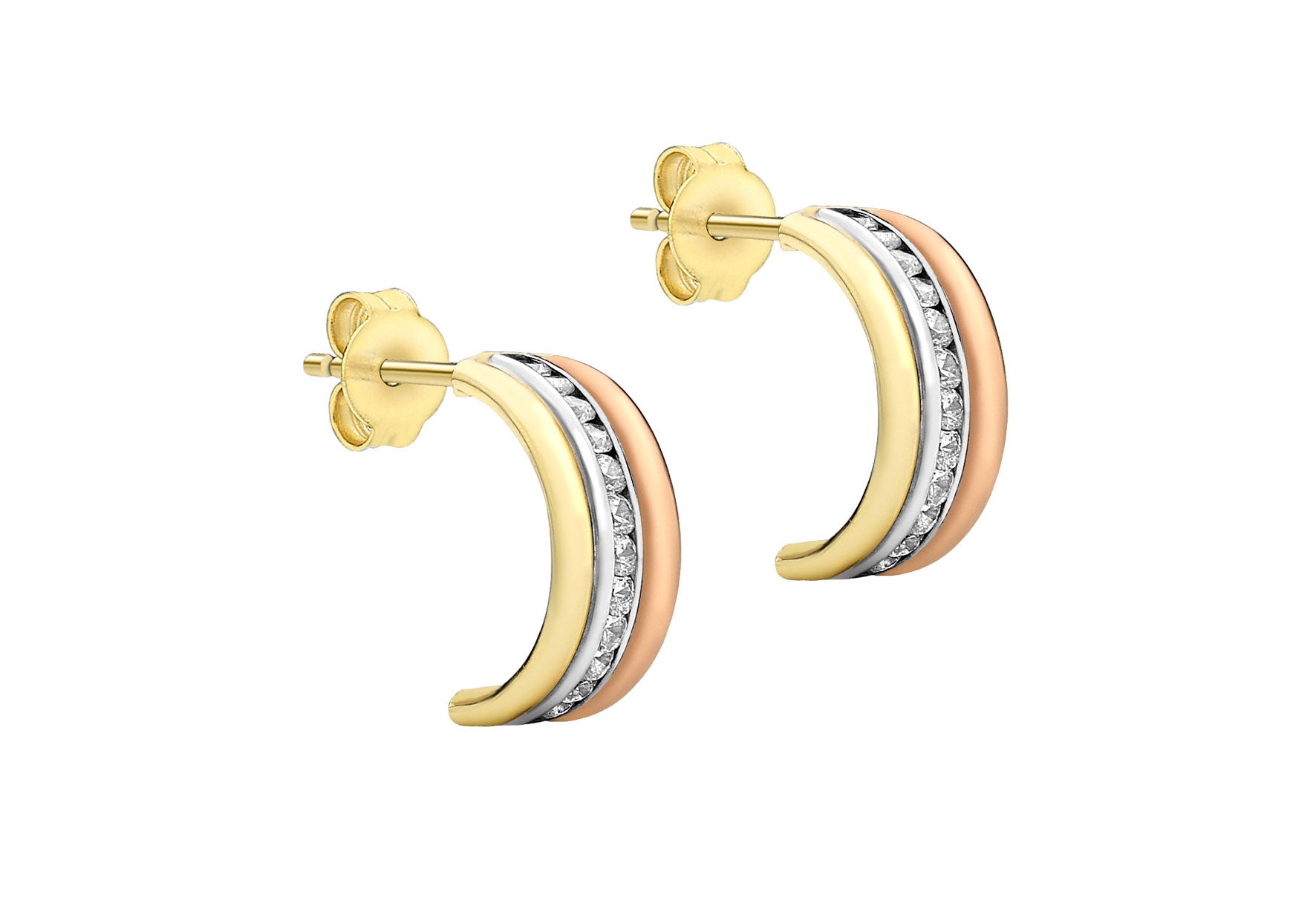 9ct 3-Colour Gold Zirconia Half Hoop Earrings