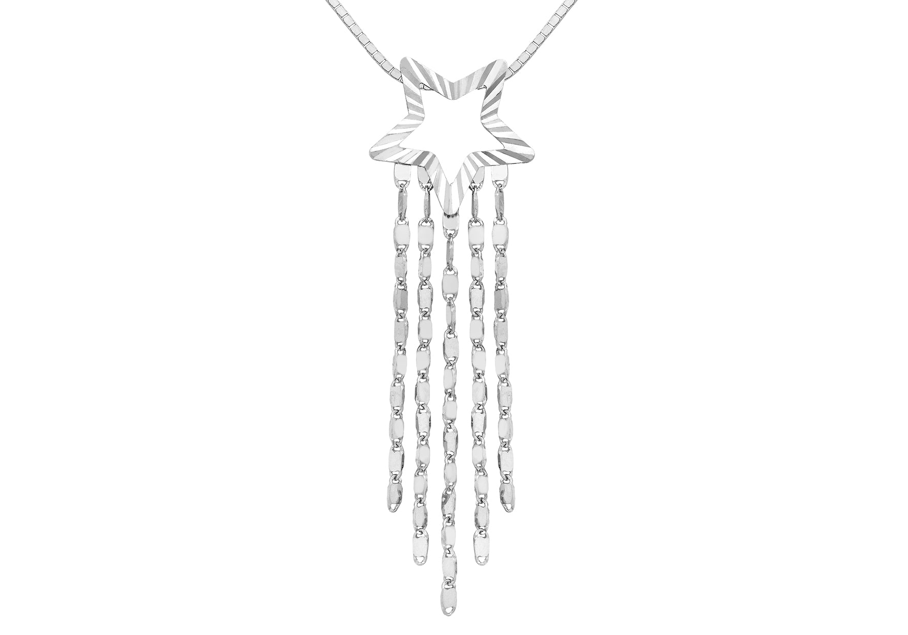 9ct White Gold Diamond Cut Star and Tassel Slider Pendant on Chain Necklace 46m/18"9