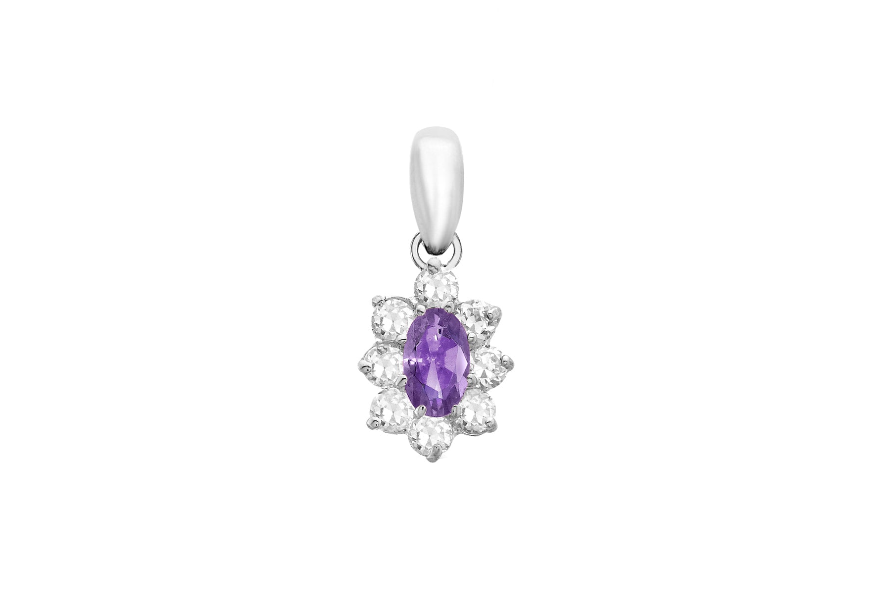 9ct White Gold Purple and White Zirconia Oval Flower Pendant