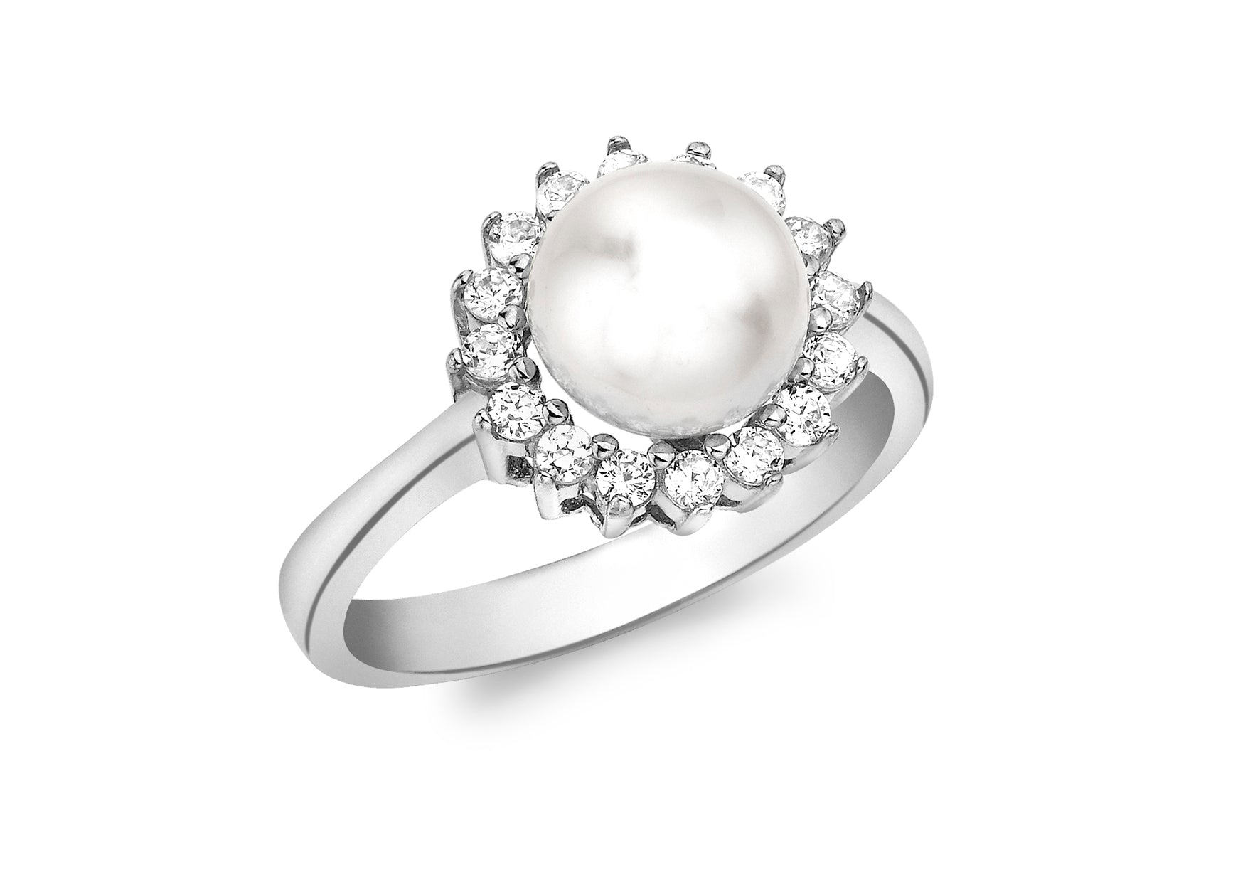 9ct White Gold Pearl with Zirconia Surrounding Round Zirconia Ring