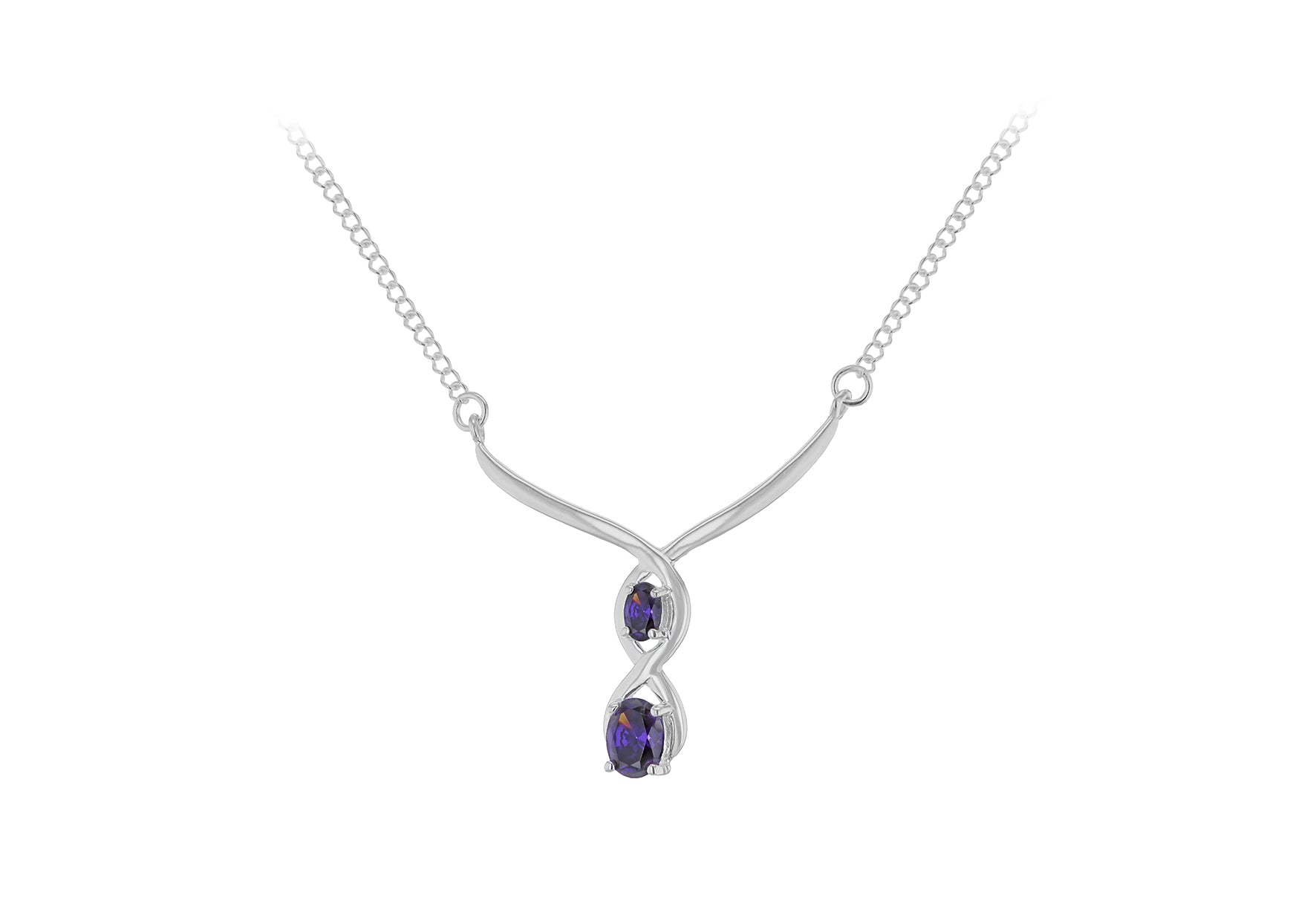 Sterling Silver Double Amethyst Zirconia Stone Set Crossover Necklace
