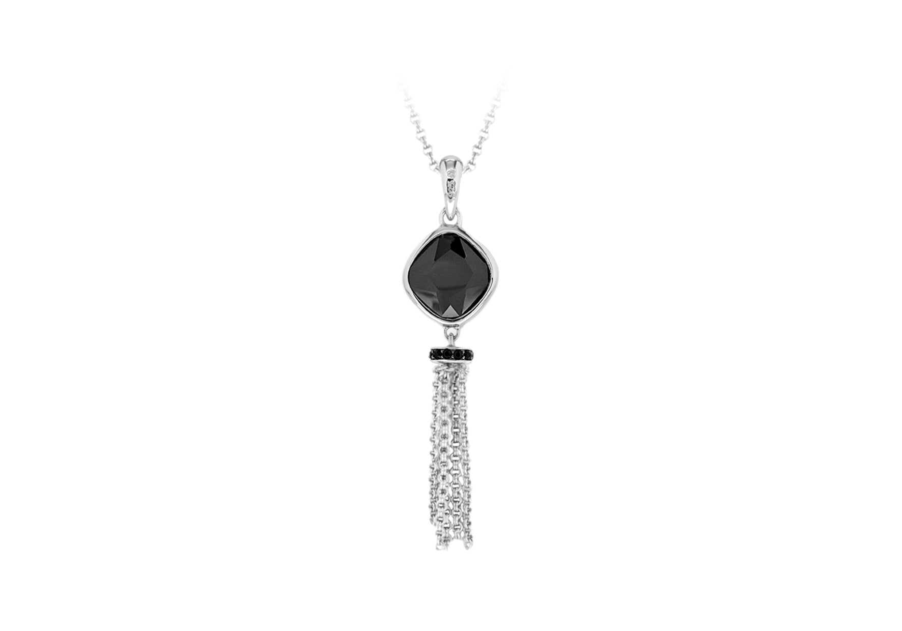 Sterling Silver Rhodium Plated Black Zirconia Tassle Drop Necklace 41m/16"9