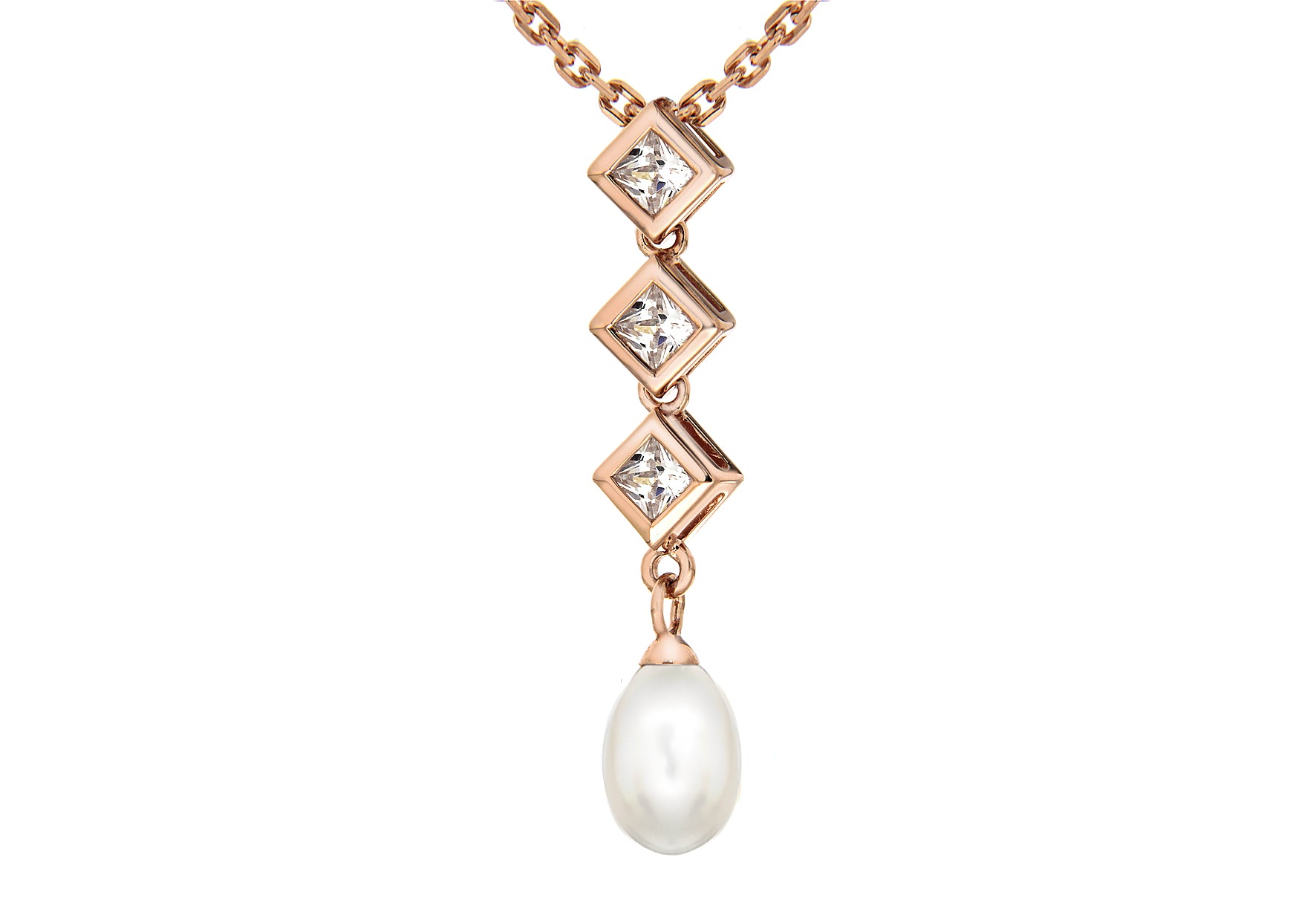 Sterling Silver Rose Gold Plated Zirconia and Pearl Drop Pendant