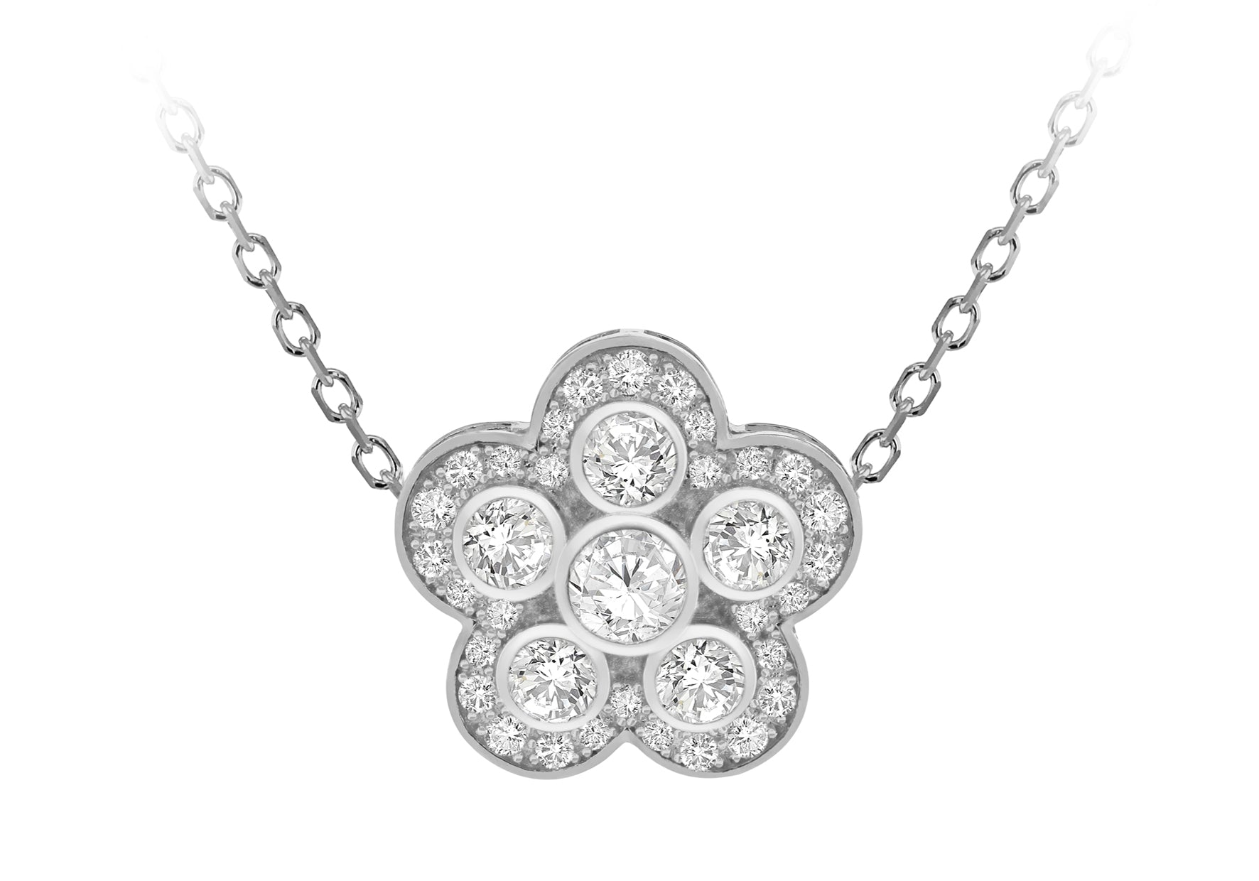 Sterling Silver Rhodium Plated White Zirconia 18mm x 17.6mm Flower Adjustable Necklace 43m/17"-46m/18"9