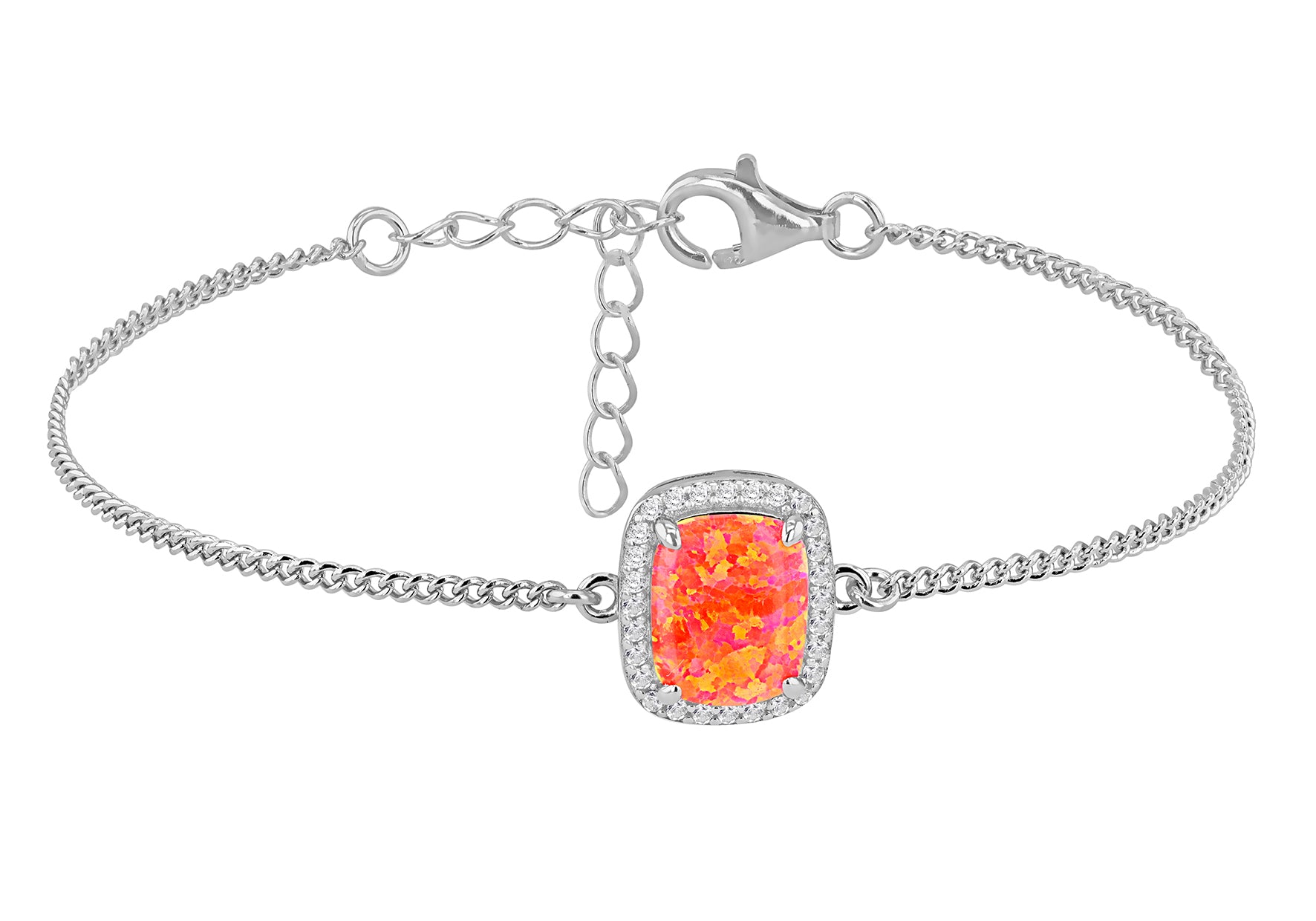 Sterling Silver Orange Opal & White Zirconia Halo Bracelet