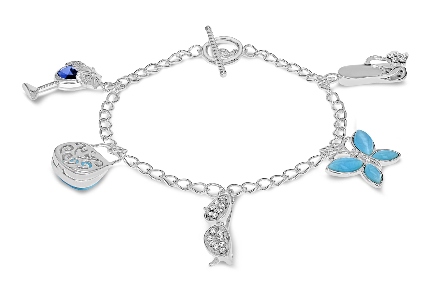 Sterling Silver Catsyeye, Sapphire Crystal & Crystal Charm Bracelet