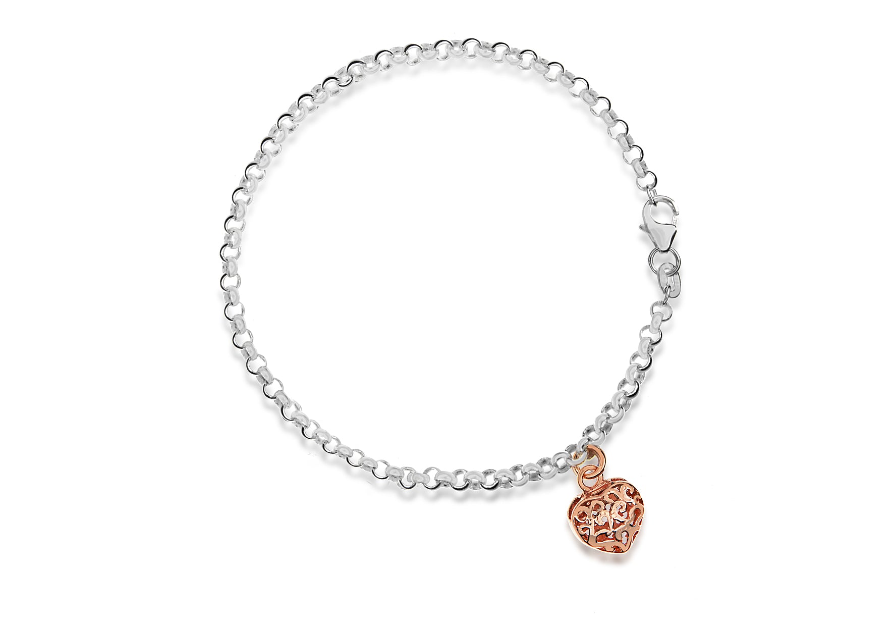 Sterling Silver Rose Gold Plated 9mm x 8mm Heart Charm Belcher Bracelet 19m/7.5"9
