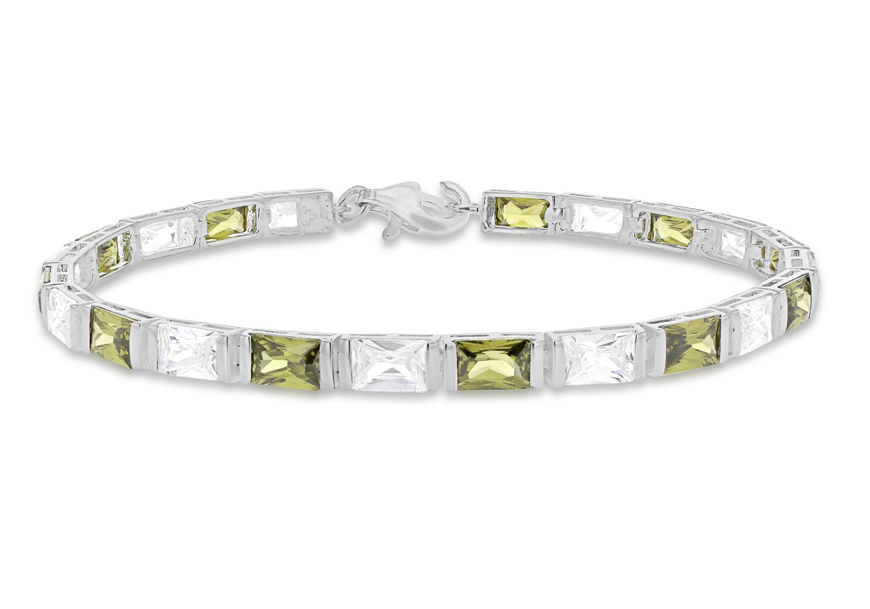 Sterling Silver White and Green Baguette Cut Zirconia Bracelet