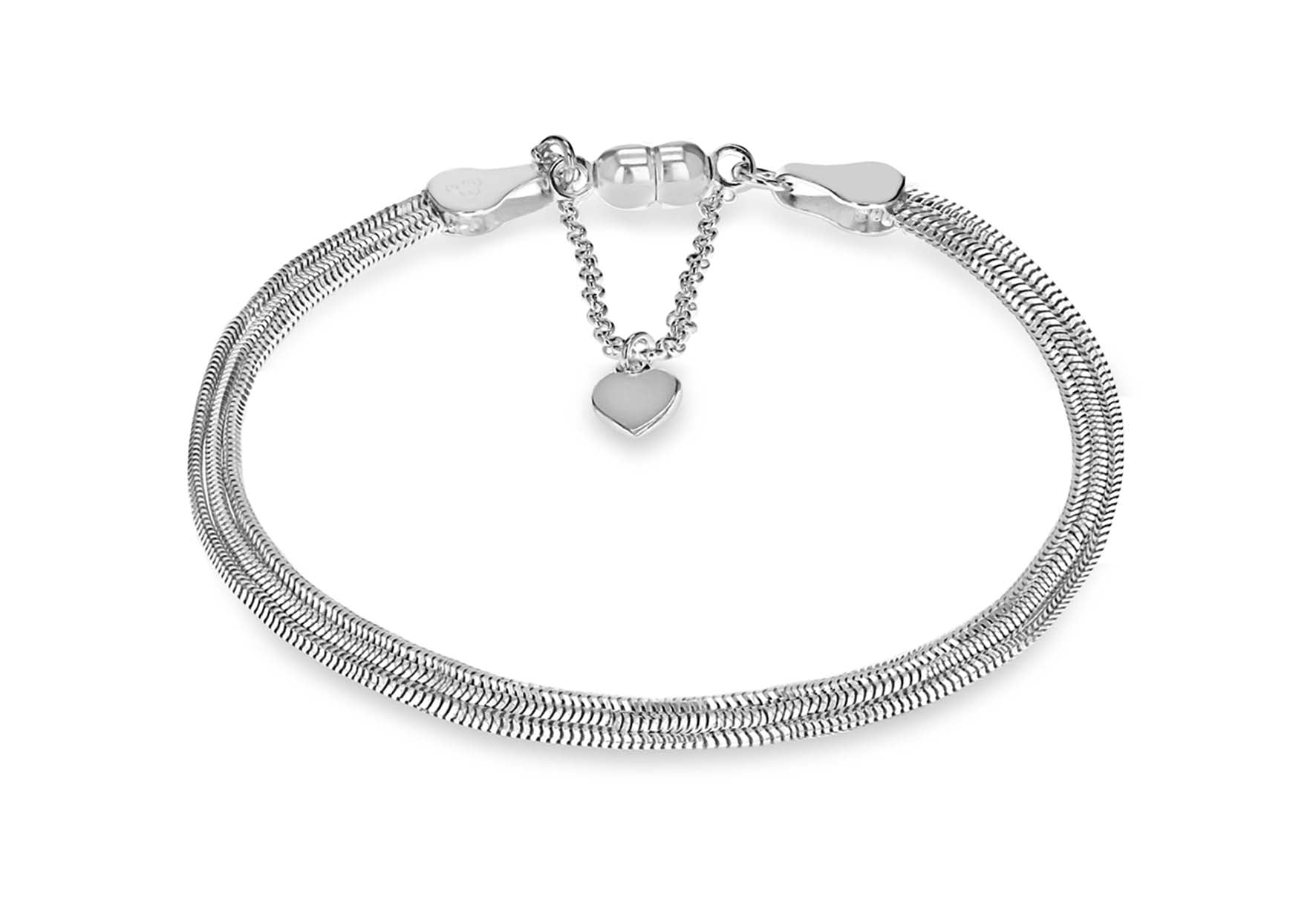 Sterling Silver Rhodium Plated 3-Strand Poporn & Snake Chain Magnetic  lasp Bracelet 19m/7.5"9