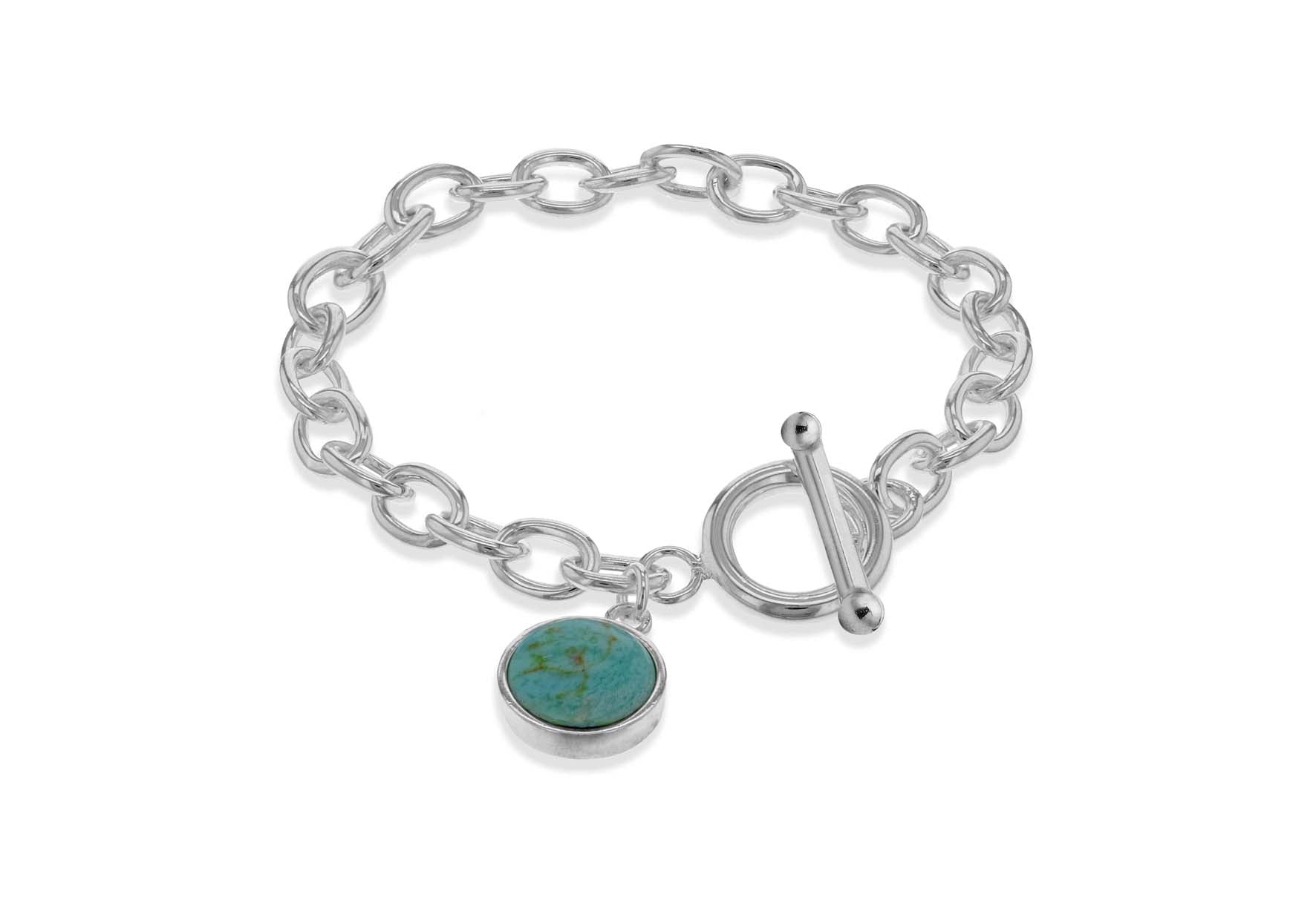 Sterling Silver Turquoise Charm Belcher T-Bar Bracelet 19m/7.5"9
