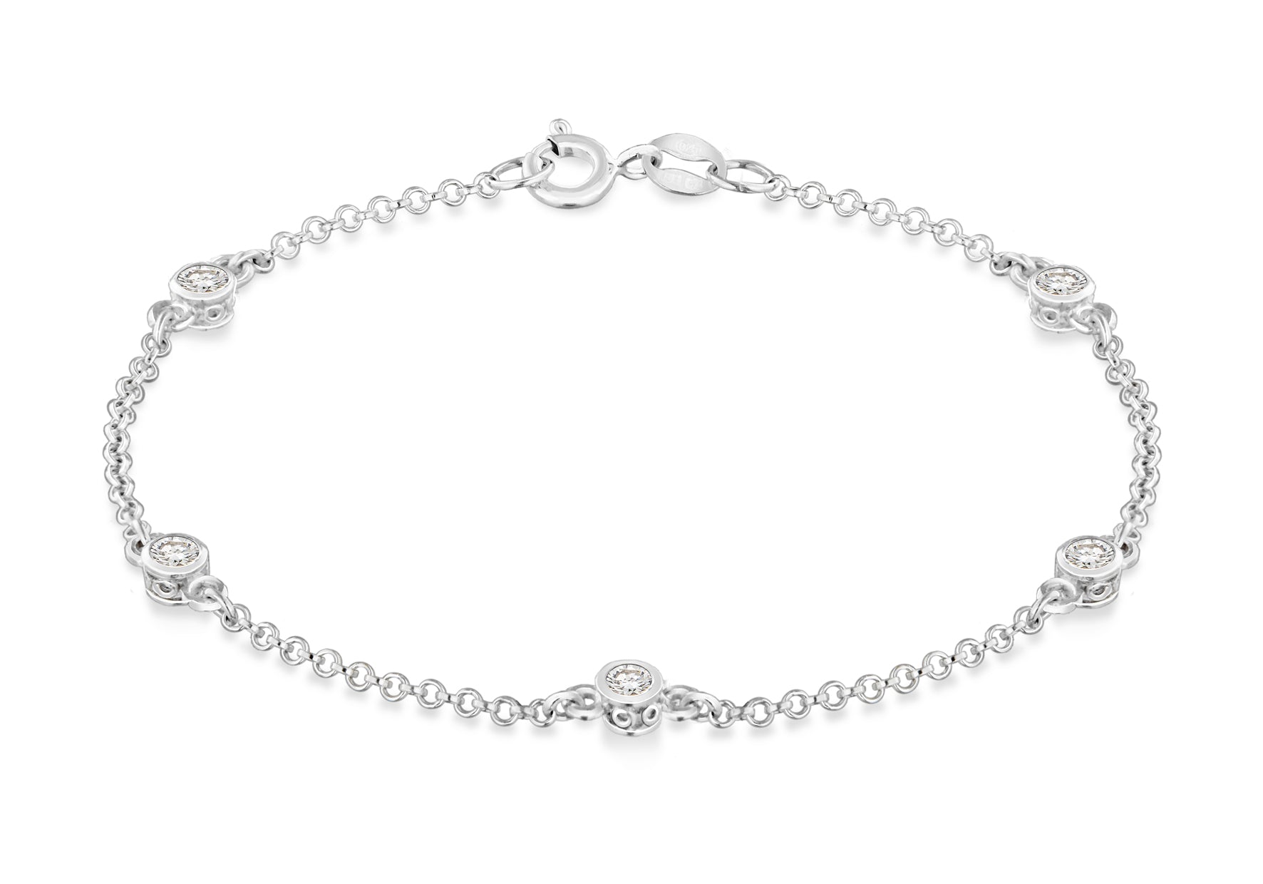 Sterling Silver Round Zirconia Station Bracelet 19m/7.5"9