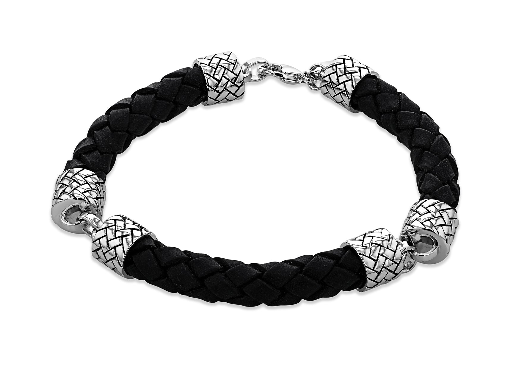Sterling Silver Rhodium and Black Leather Herringbone Bracelet