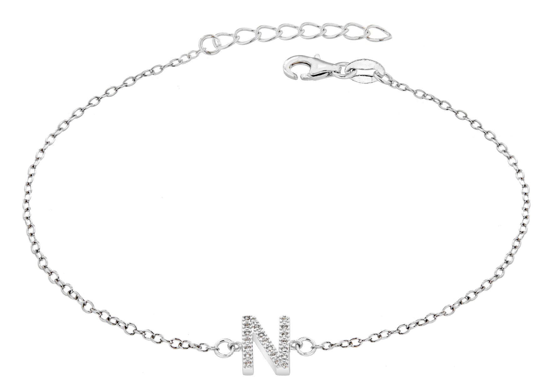 Sterling Silver Rhodium Plated Zirconia  'N' Initial Bracelet 19m/7.5"9