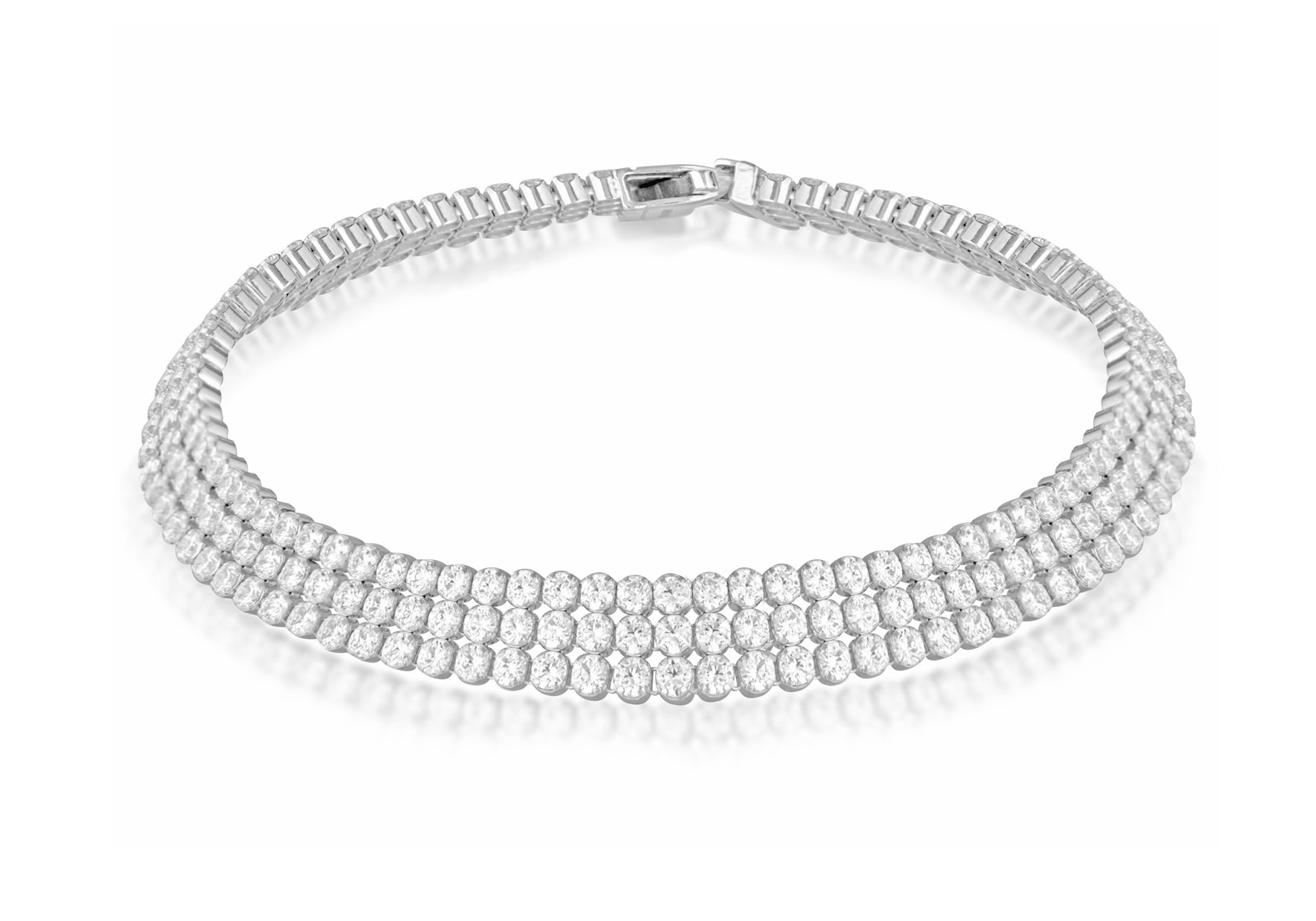 Sterling Silver Rhodium Plated 2mm Round Zirconia  Triple-Row Tennis Bracelet 19m/7.5"9