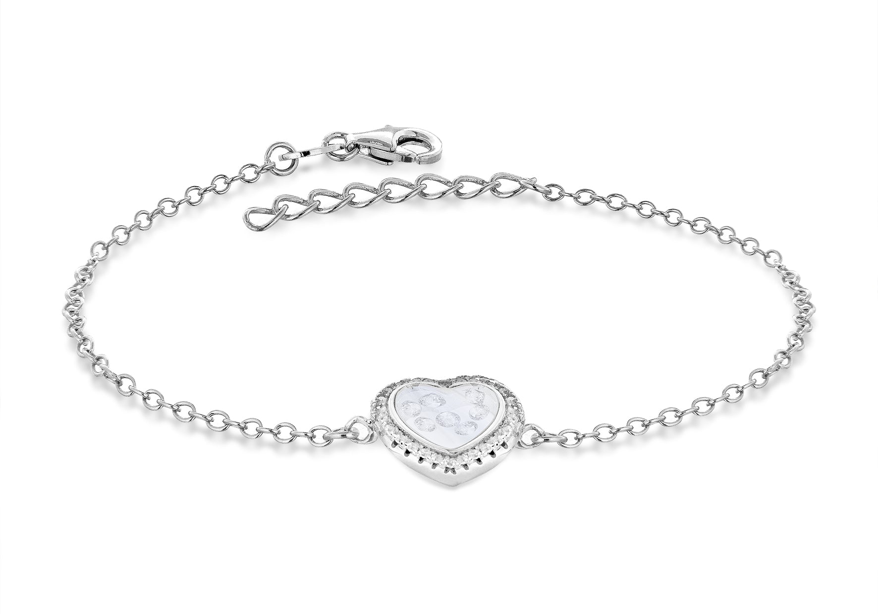 Sterling Silver Rhodium Plated Floating Zirconia Stones Heart Bracelet 19m/7.5"9