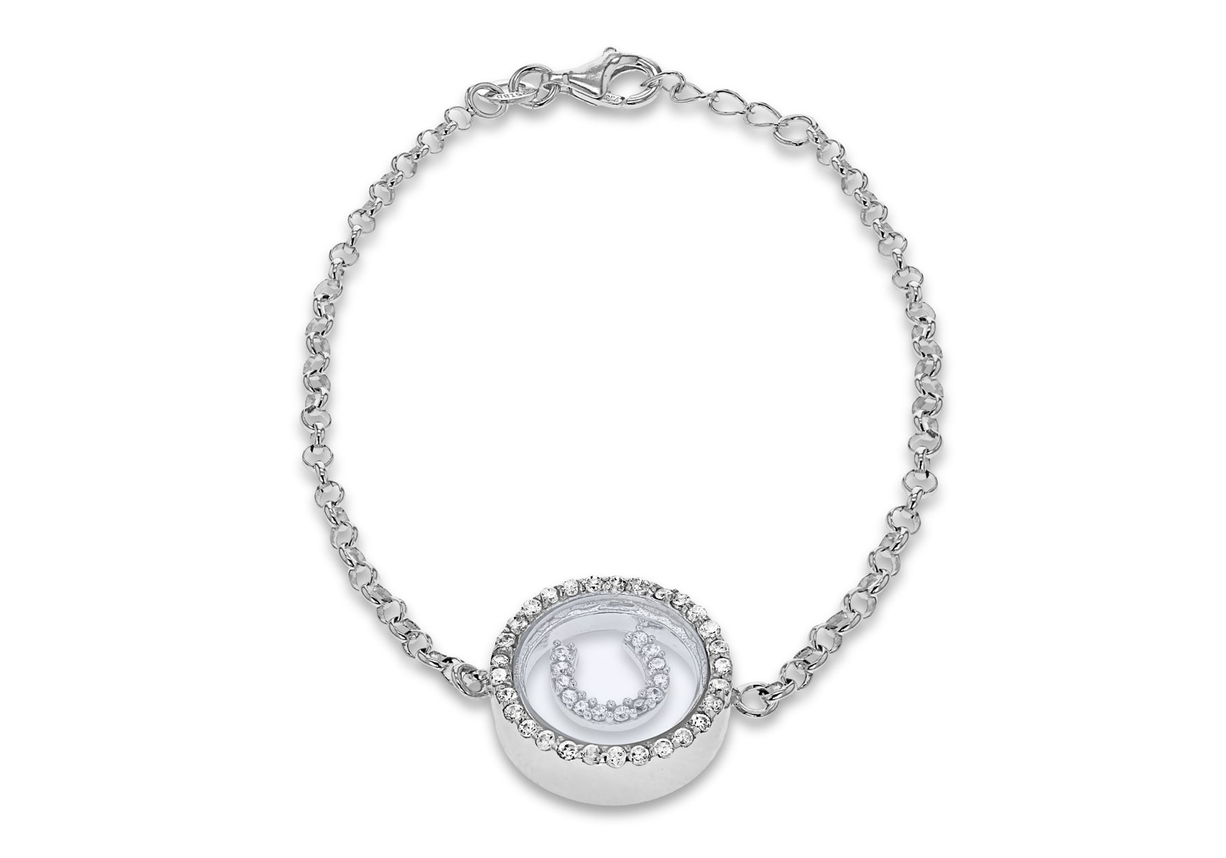 Sterling Silver Rhodium Plated Zirconia Floating Horseshoe Adjustable Bracelet 17m/6.5" - 18m/7"9