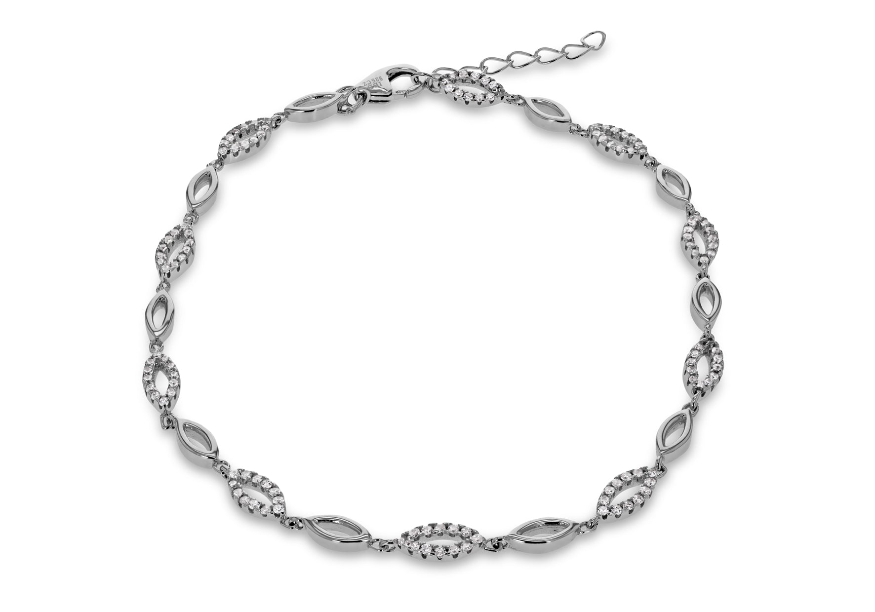 Sterling Silver Rhodium Plated Zirconia 3.8mm Ellipses Adjustable Bracelet 19m/7.5"-21.5m/8.5"9