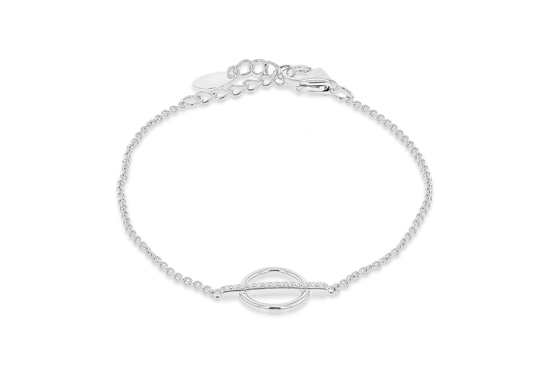 Sterling Silver Rhodium Plated Zirconia 19.2mm x 10.8mm Circle & Bar Adjustable Bracelet 16m/6.25"-18.5m/7.25"9