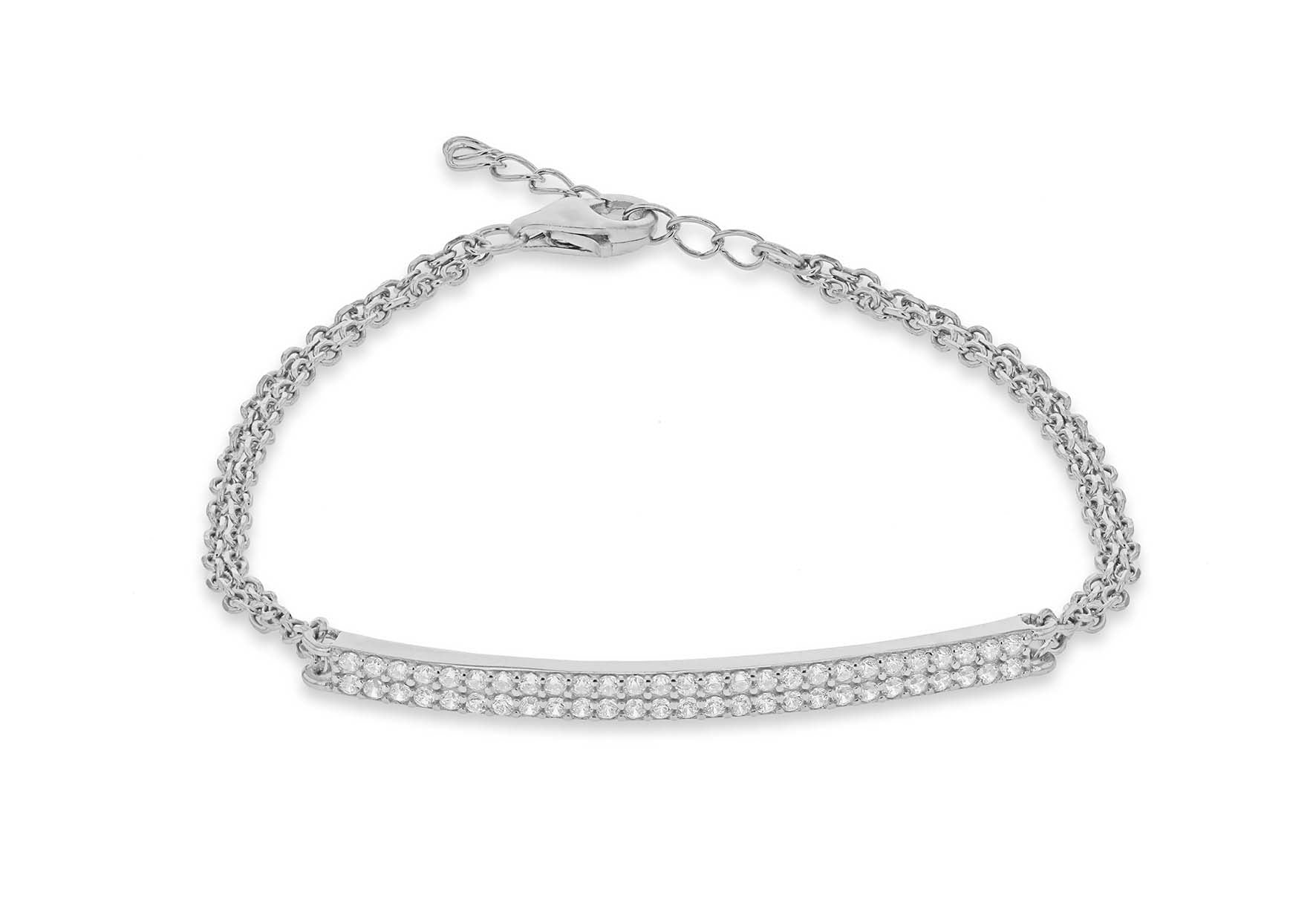 Sterling Silver Rhodium Plated Zirconia Bar and Double Chain Adjustable Bracelet 16.5m/6.5"-19m/7.5"9
