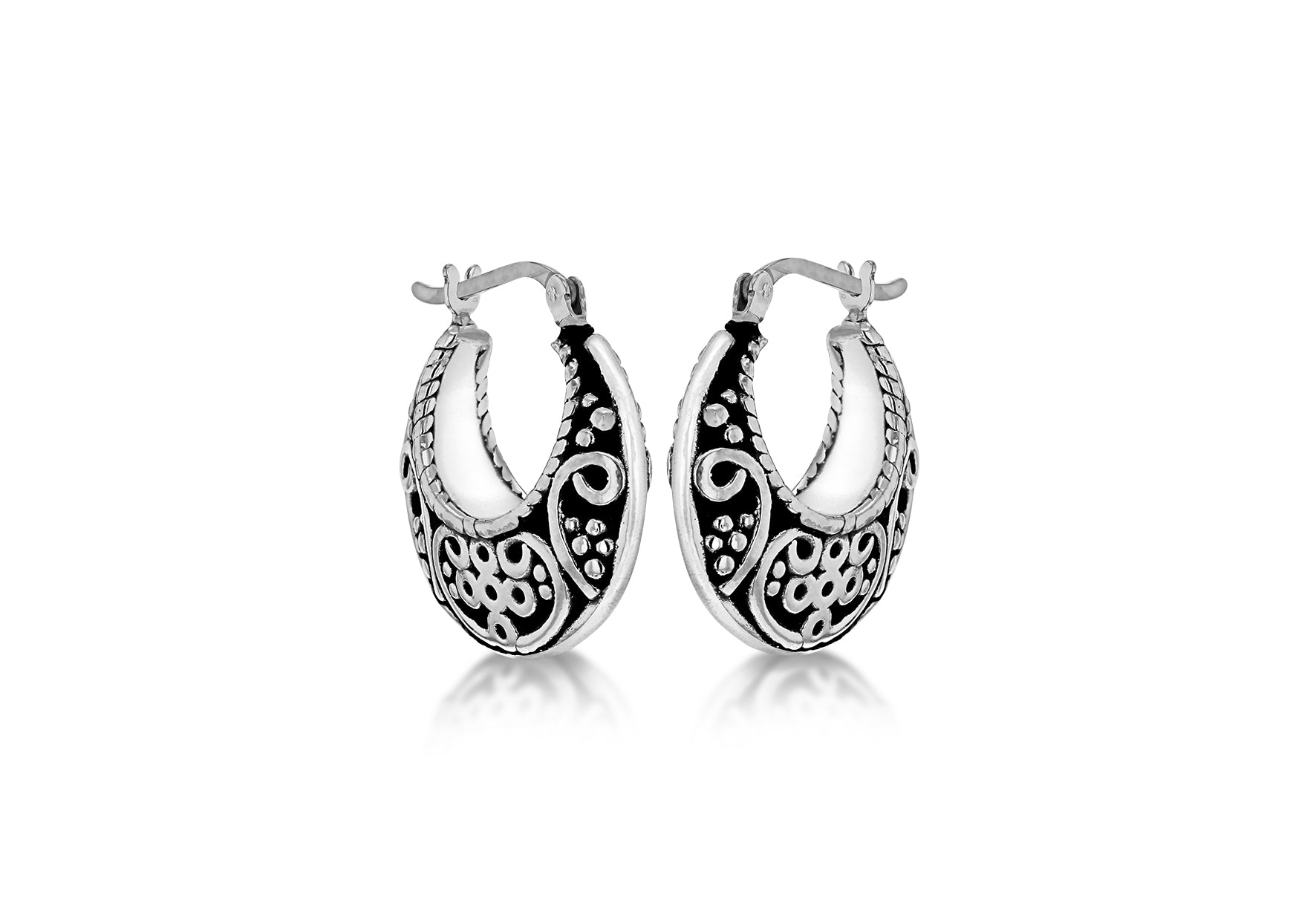 Sterling Silver Oxidised 21.5mm x 23.5mm Antique-Style Patterned Creole Earrings