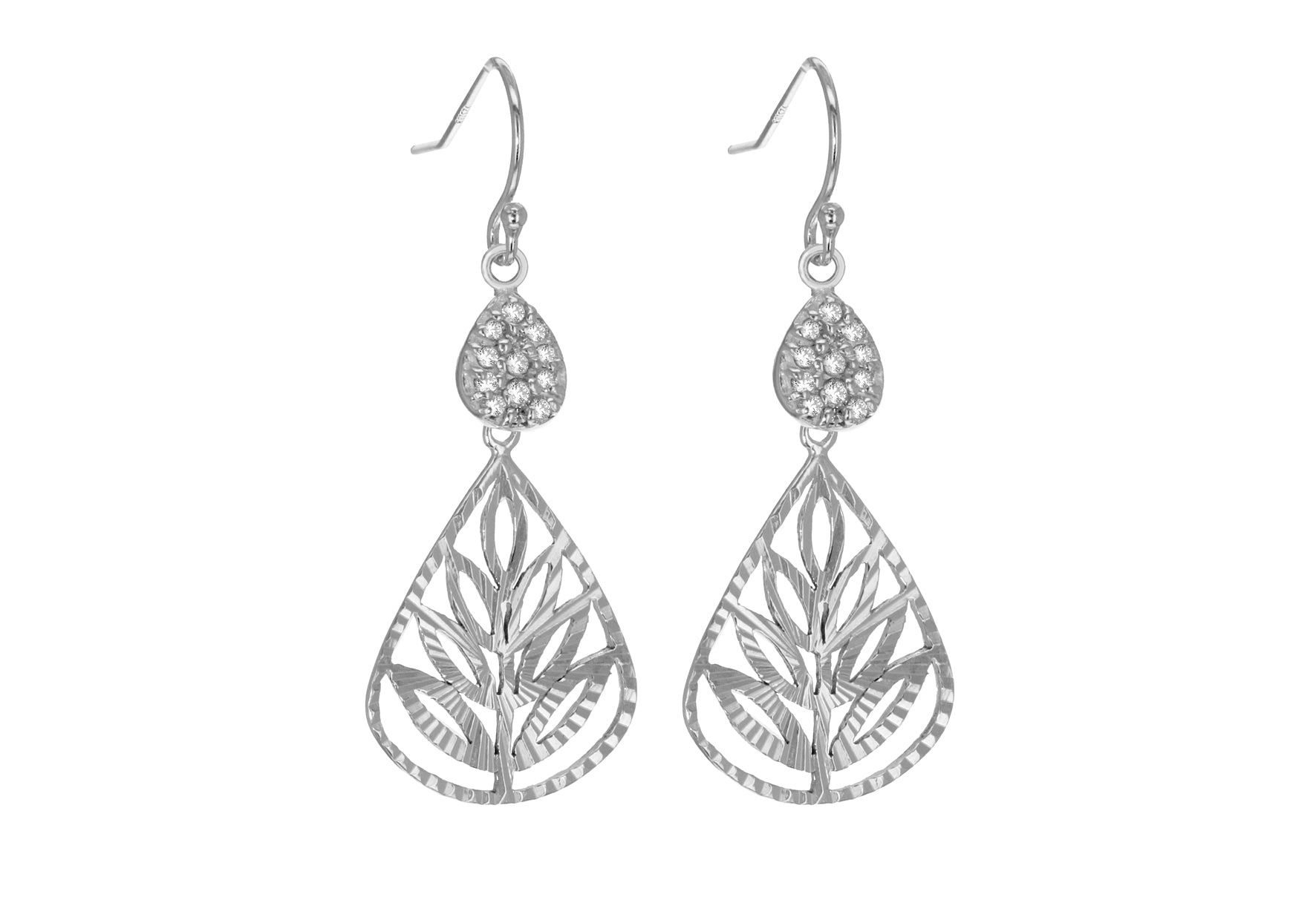Sterling Silver Diamond Cut Zirconia Leaf Drop Earrings