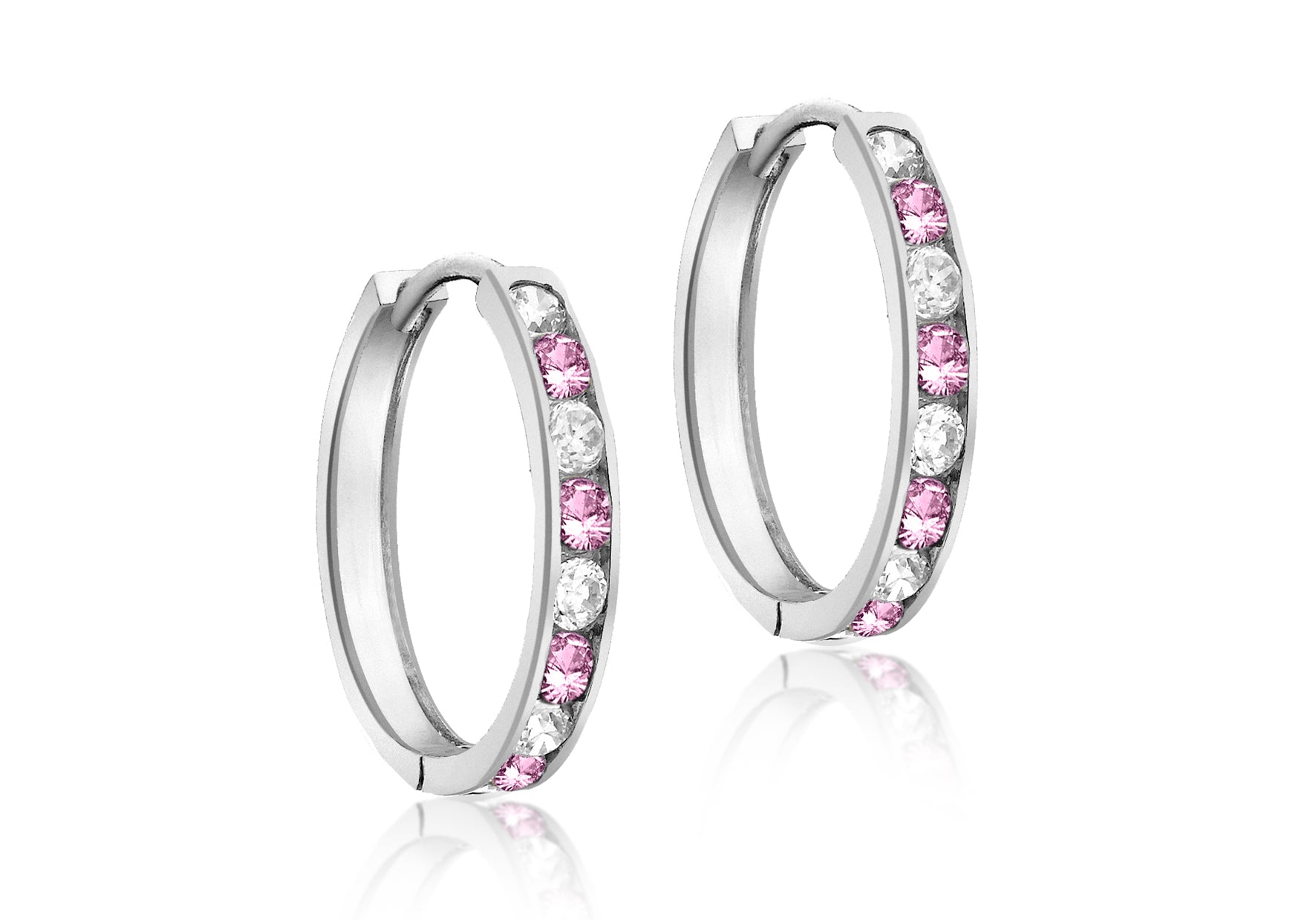 Sterling Silver Pink and White Zirconia Channel Set Hoop Earrings