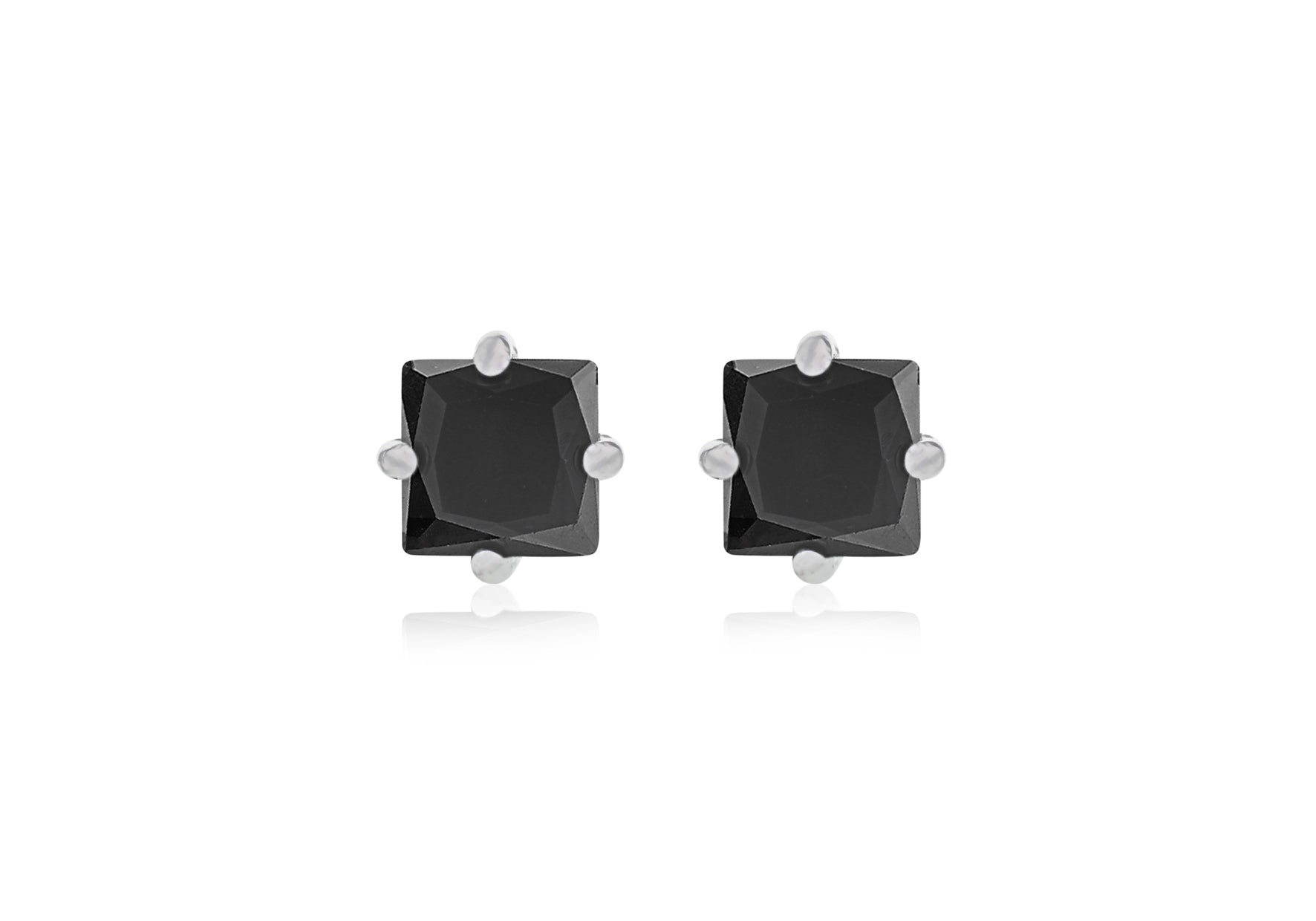 Sterling Silver Black Square Zirconia Set Stud Earrings
