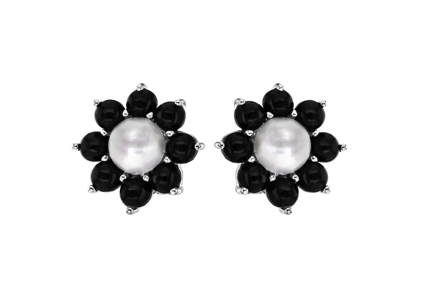 Sterling Silver Pearl & Onyx Flower Cluster Stud Earrings
