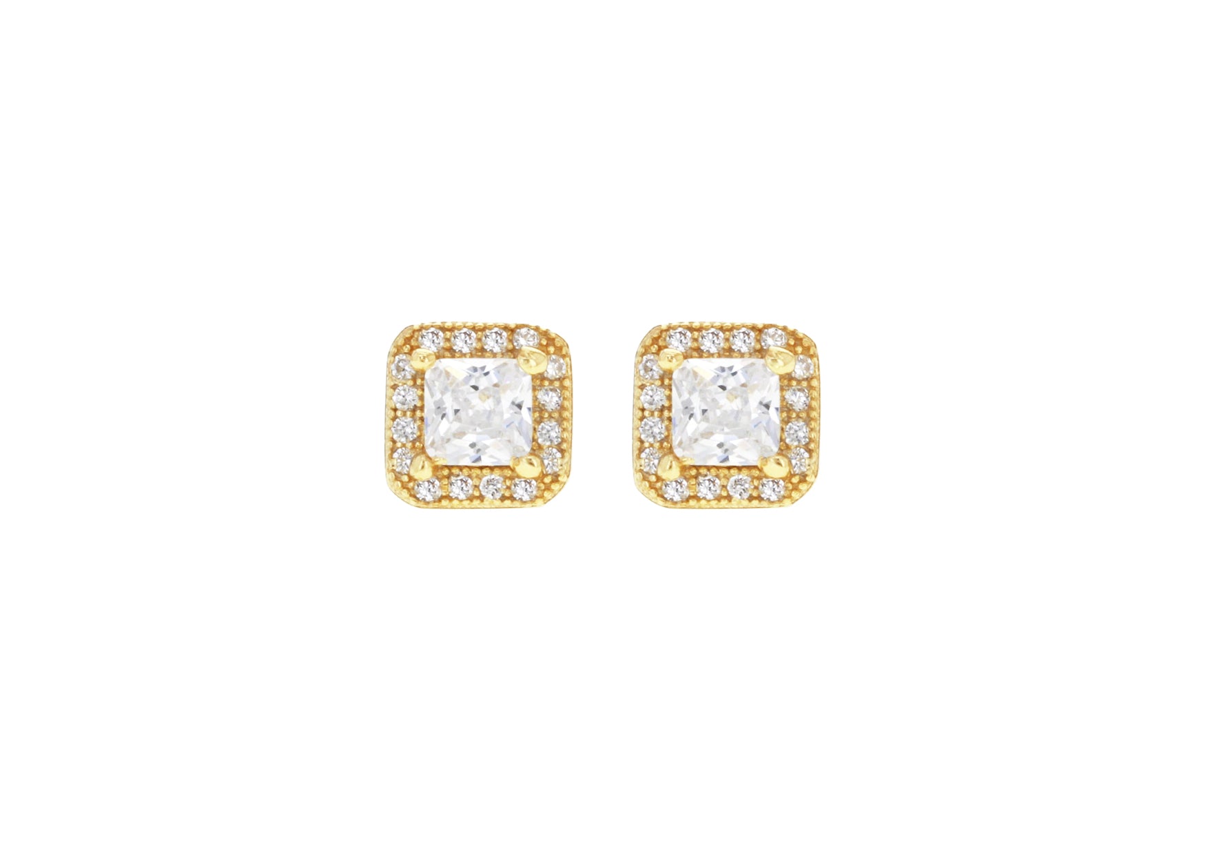 Sterling Silver Yellow Gold Plated Zirconia Square Stud Earrings