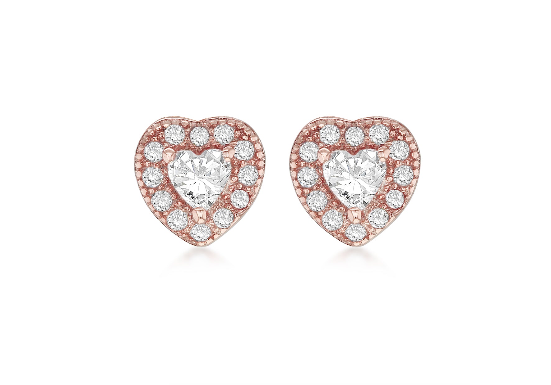 Sterling Silver Rose Gold Plated Zirconia 6.3mm x 6.2mm Heart Stud Earrings