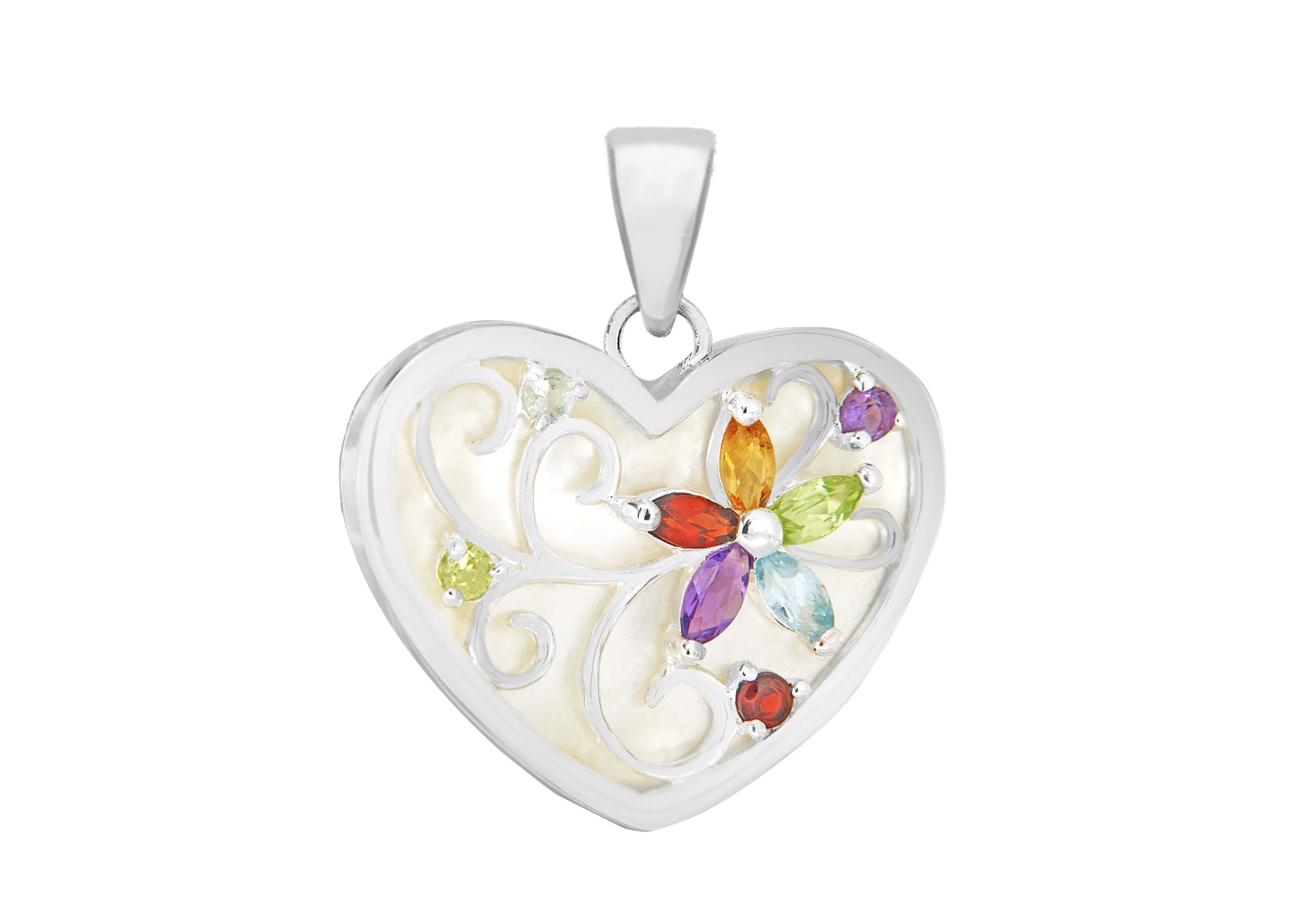 Sterling Silver MultiColoured Zirconia and Mother of Pearl Floral Heart Pendant