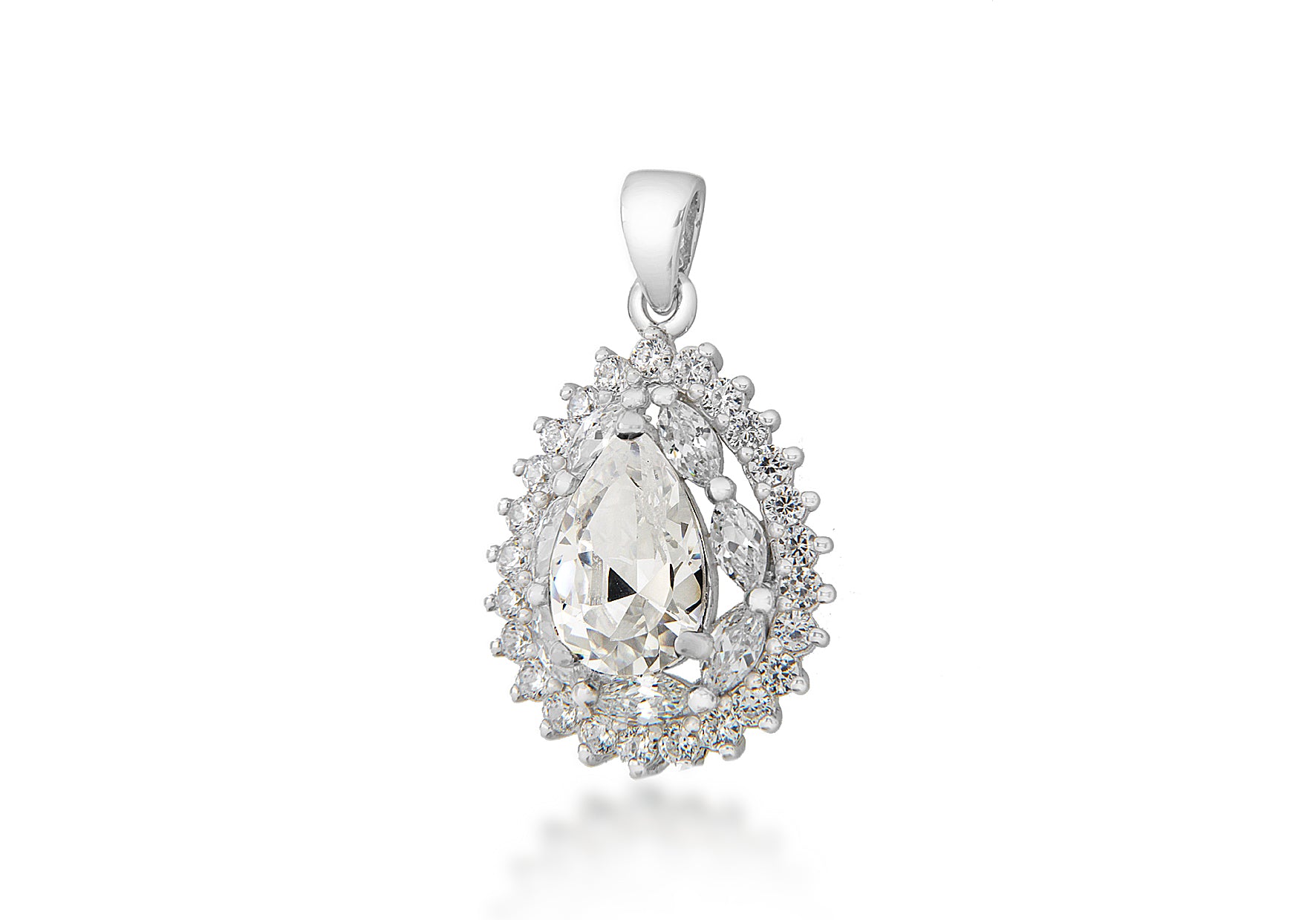 Sterling Silver White Zirconia Stone Set Cluster Teardrop Pendant