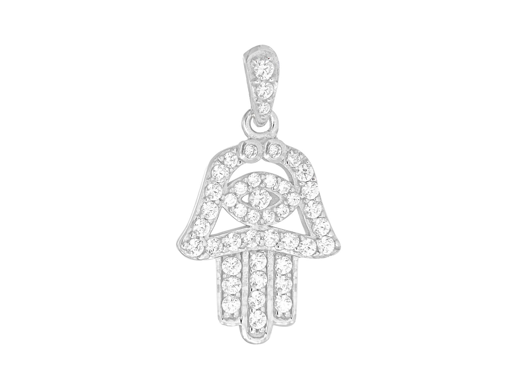 Sterling Silver Rhodium Plated Zirconia 12mm x 17mm Hamsa Hand Pendant