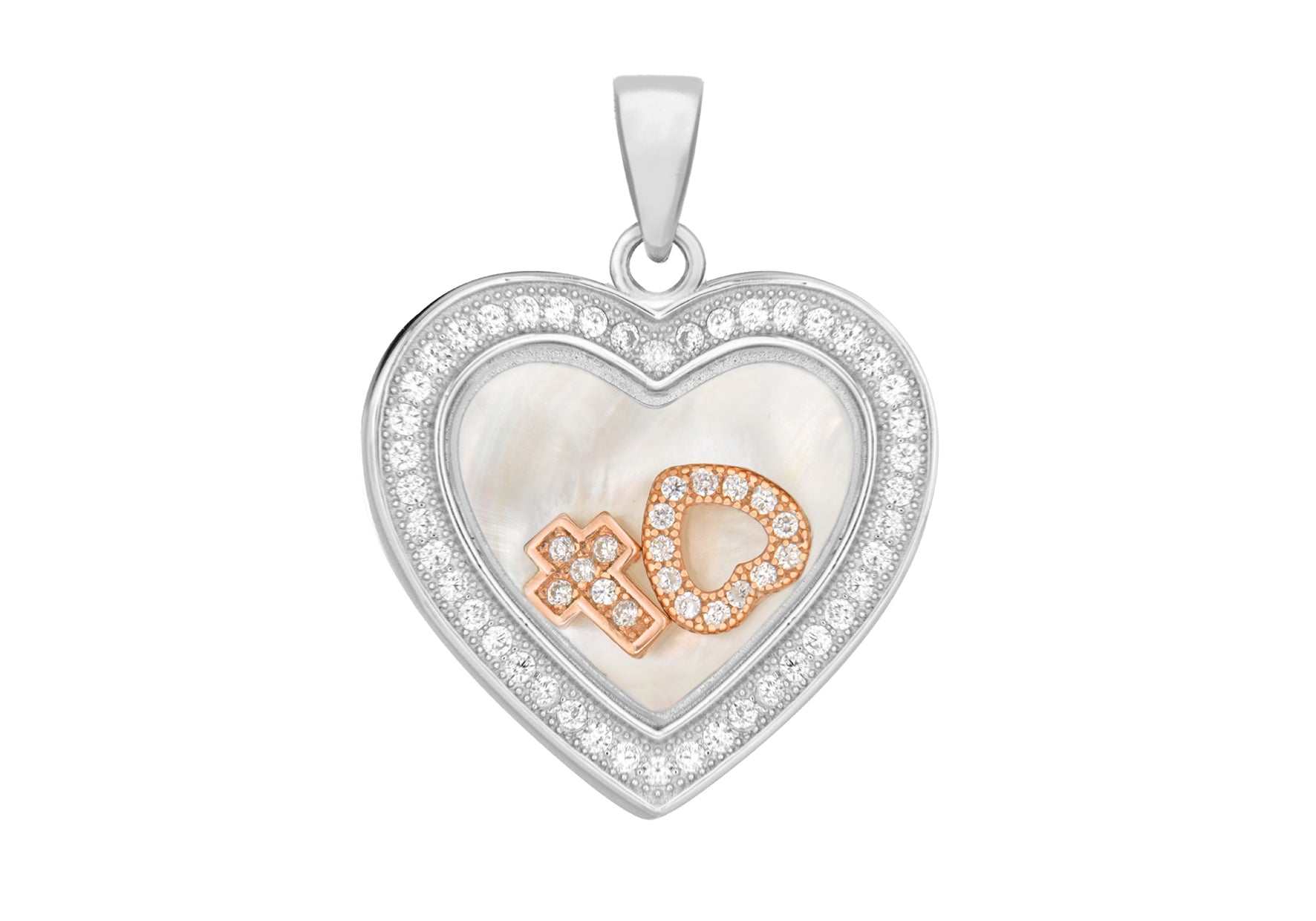 Sterling Silver Rhodium Plated Zirconia and Mother of Pearl Heart with Heart & Cross Charms Pendant
