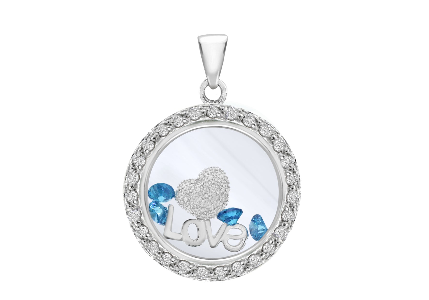 Sterling Silver Floating Blue Topaz Zirconia Stones 'Love' Round Pendant