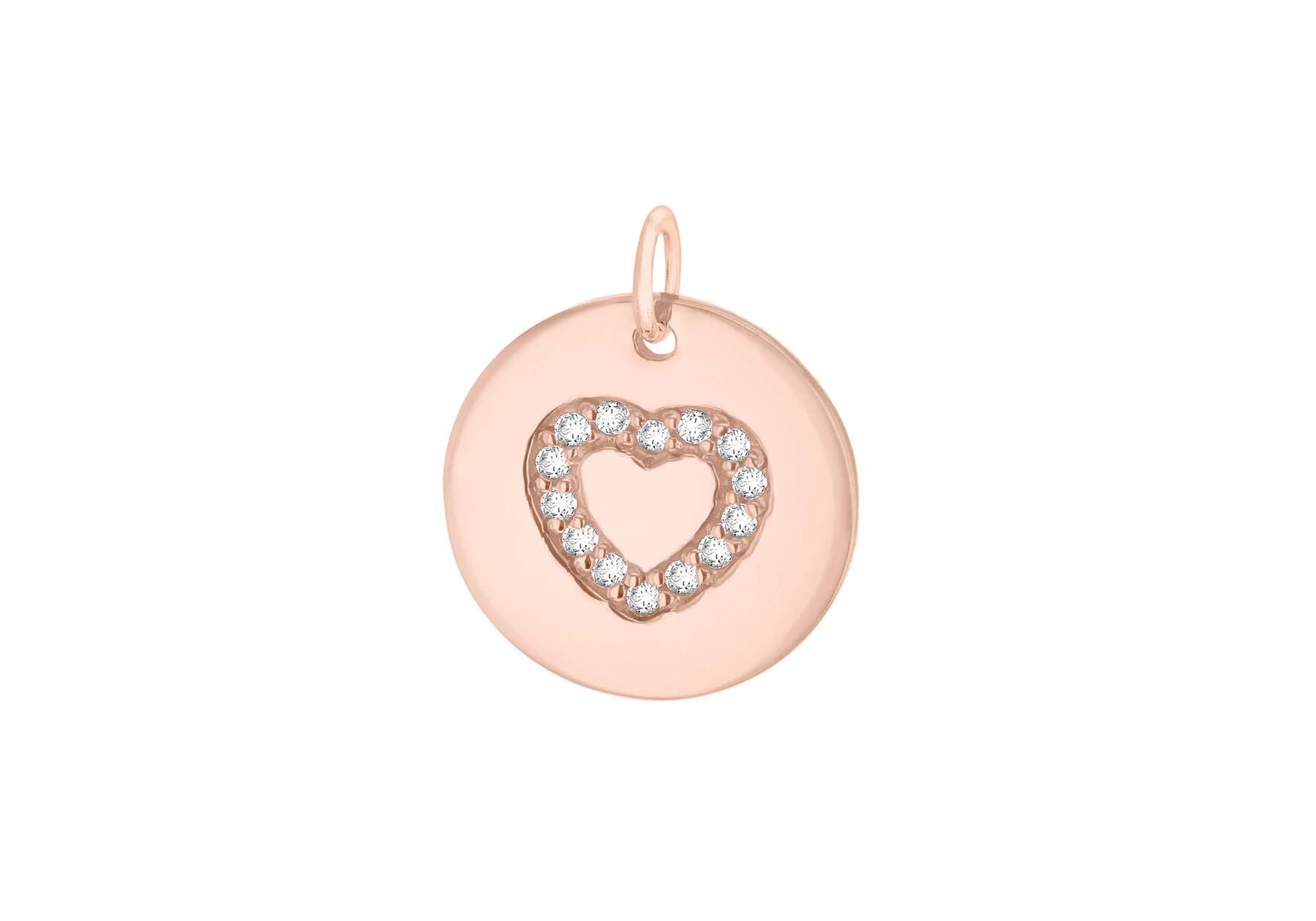 Sterling Silver Rose Gold Plated Zirconia 15mm x 18mm Heart Disc Pendant