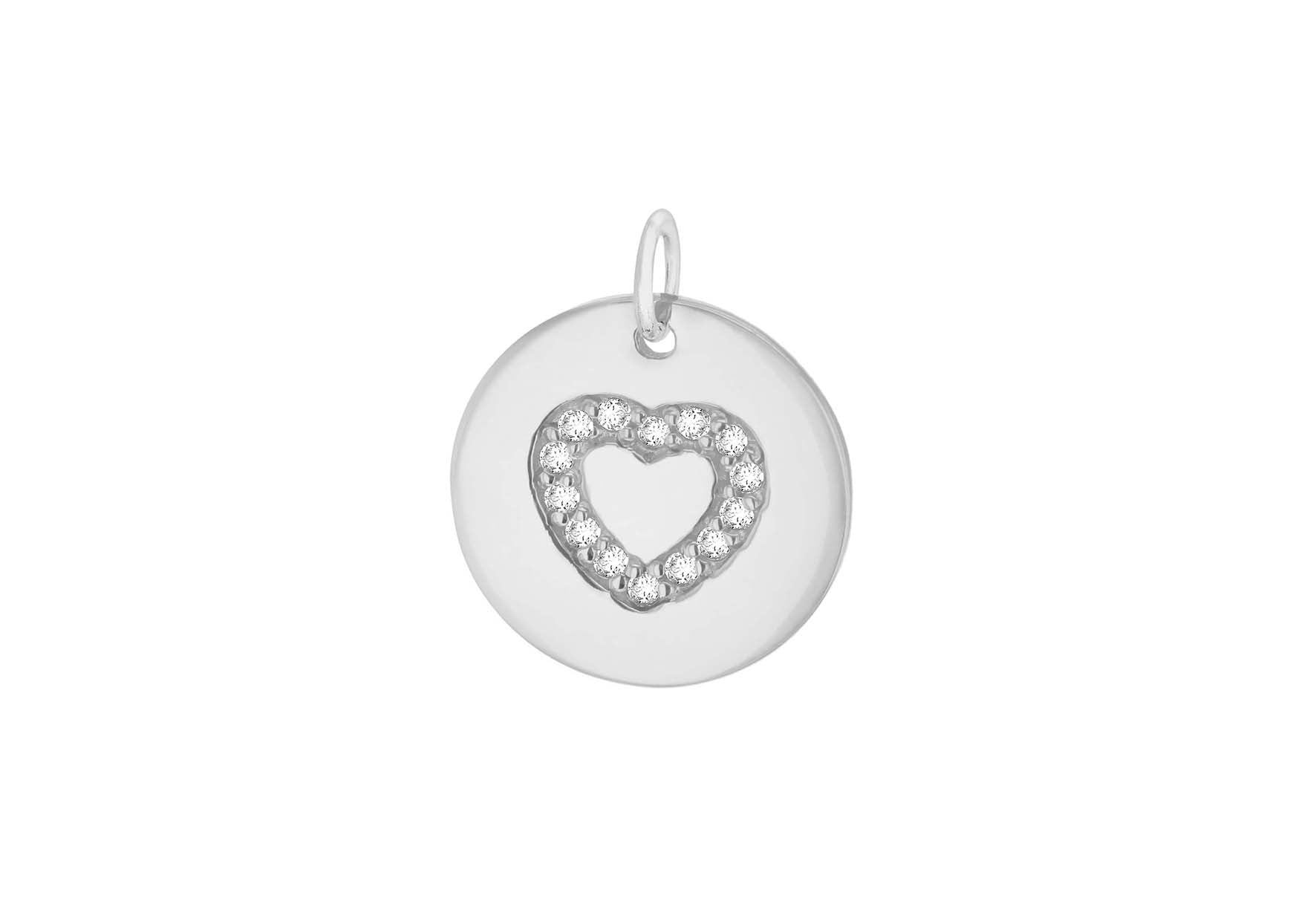Sterling Silver Rhodium Plated Zirconia 15mm x 18mm Heart Disc Pendant