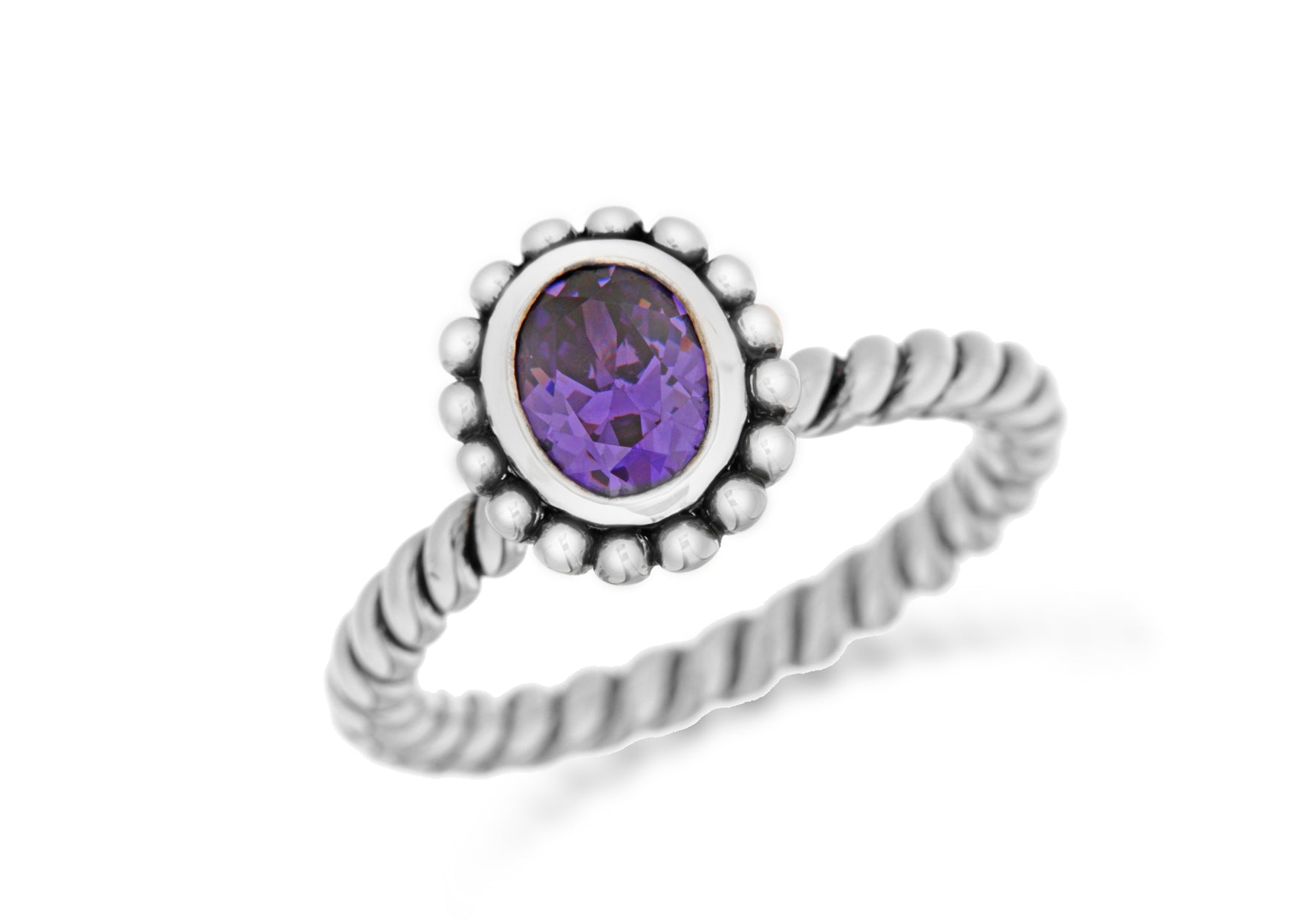 Sterling Silver Rhodium Plated Oval Purple Zirconia Stacking Ring