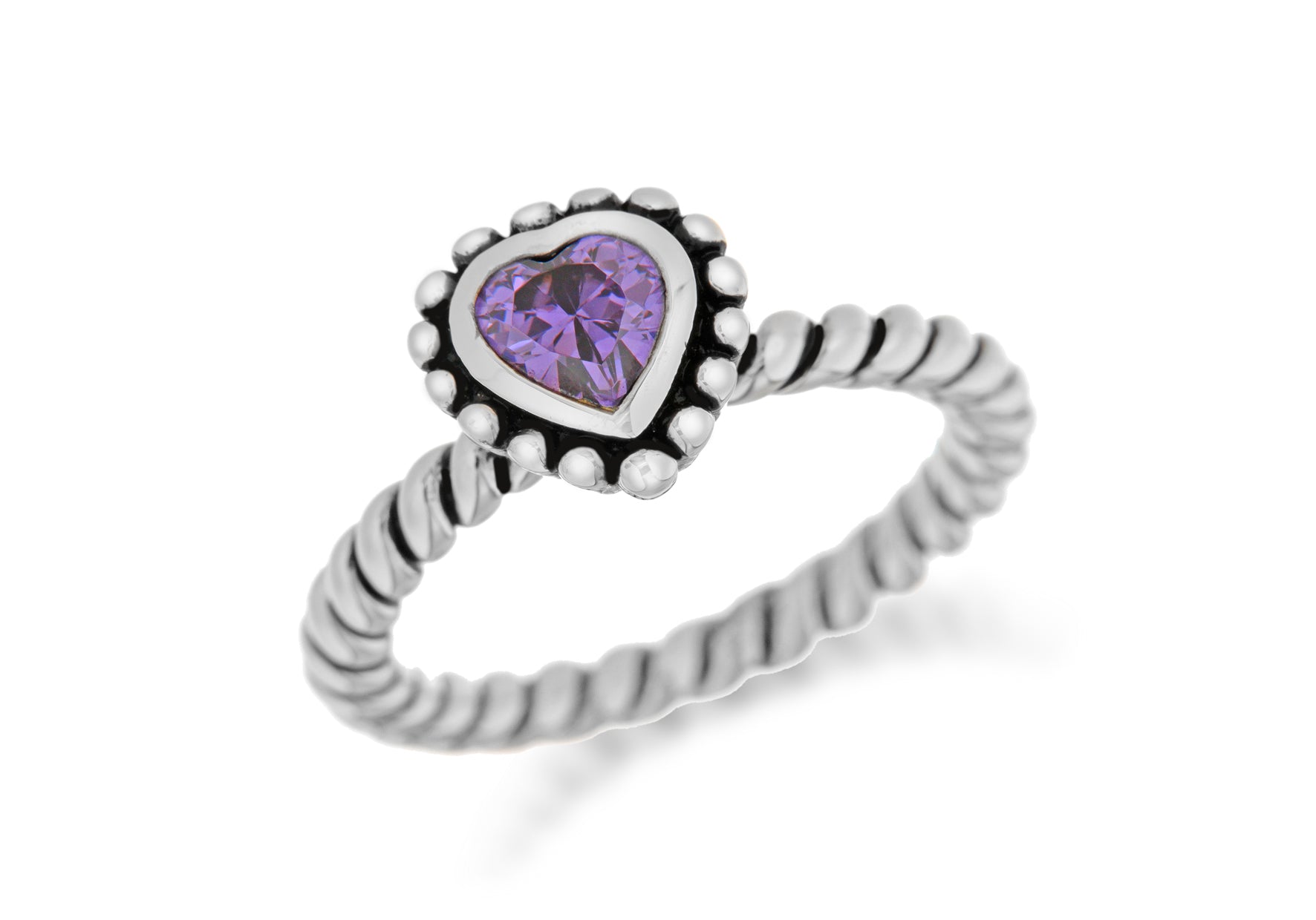 Sterling Silver Rhodium Plated Purple Zirconia Heart Stacking Ring