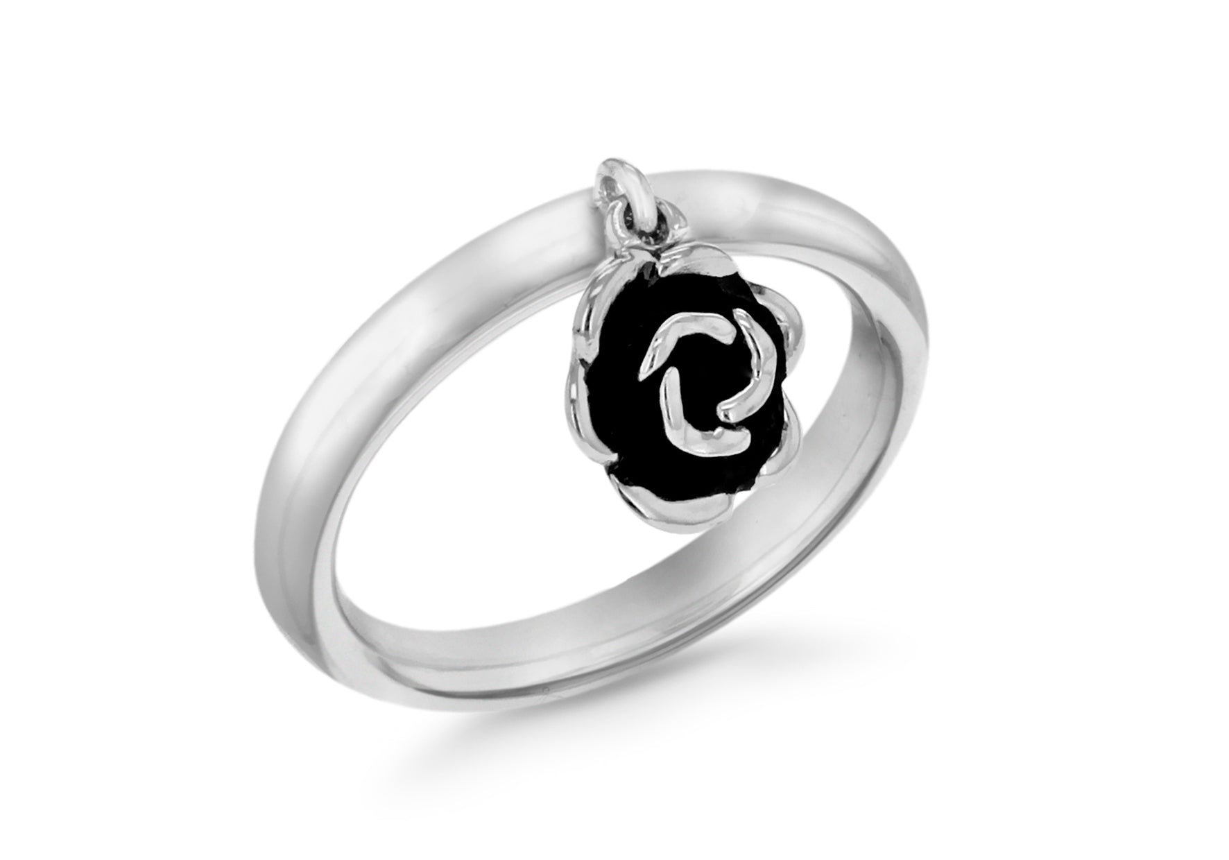 Sterling Silver Rhodium Plated Oxidised Rose Drop Stacking Ring