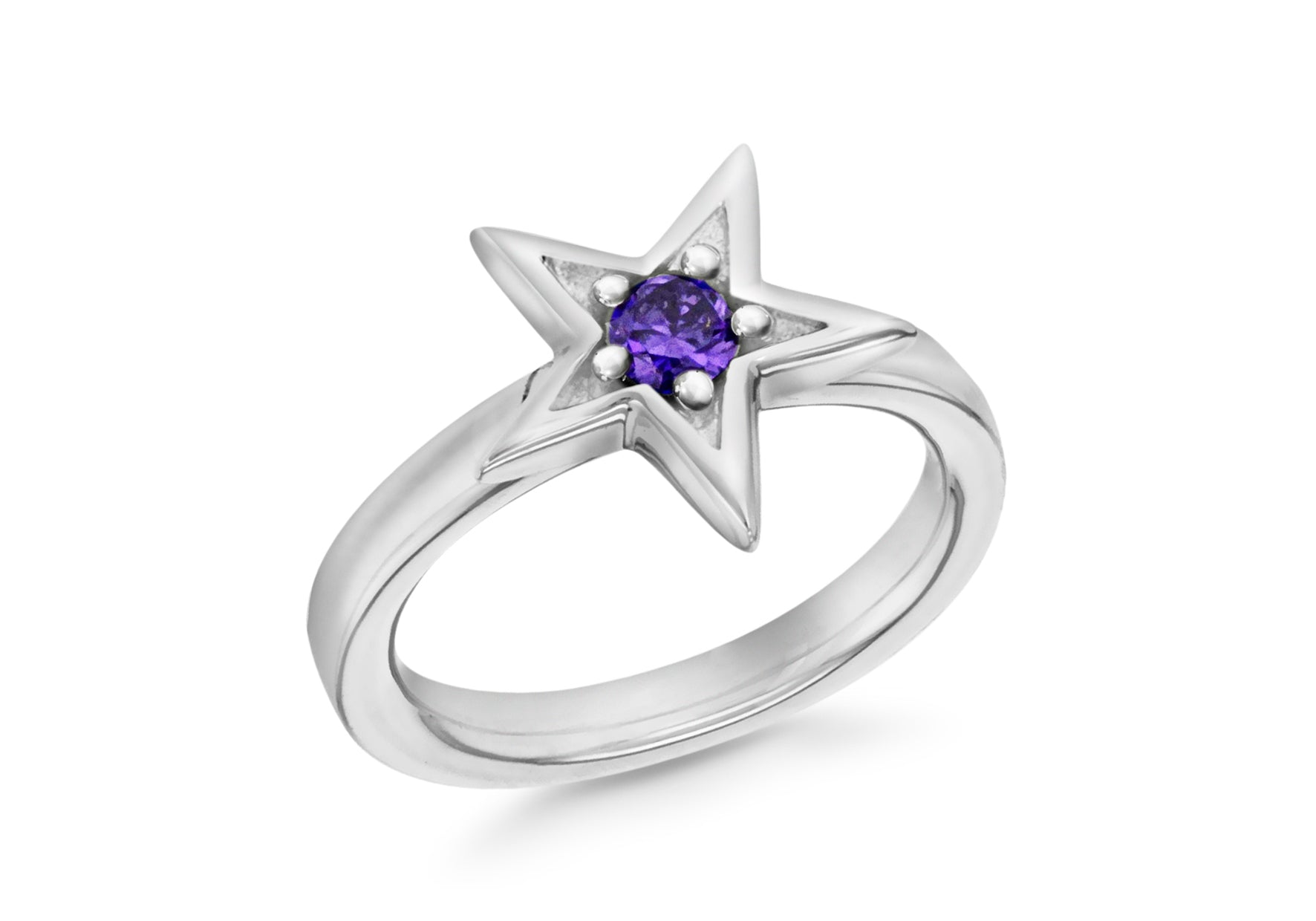Sterling Silver Rhodium Plated Purple Zirconia Star Stacking Ring