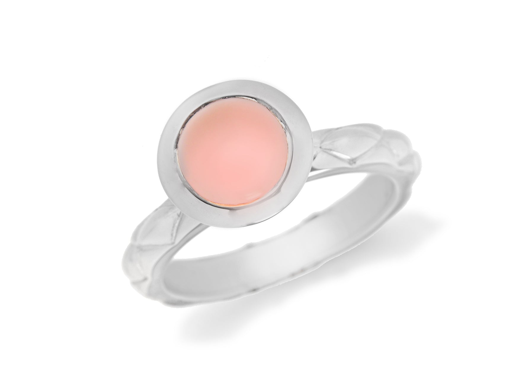 Sterling Silver Rhodium Plated Round Pink Opaque Crystal Patterned Stacking Ring