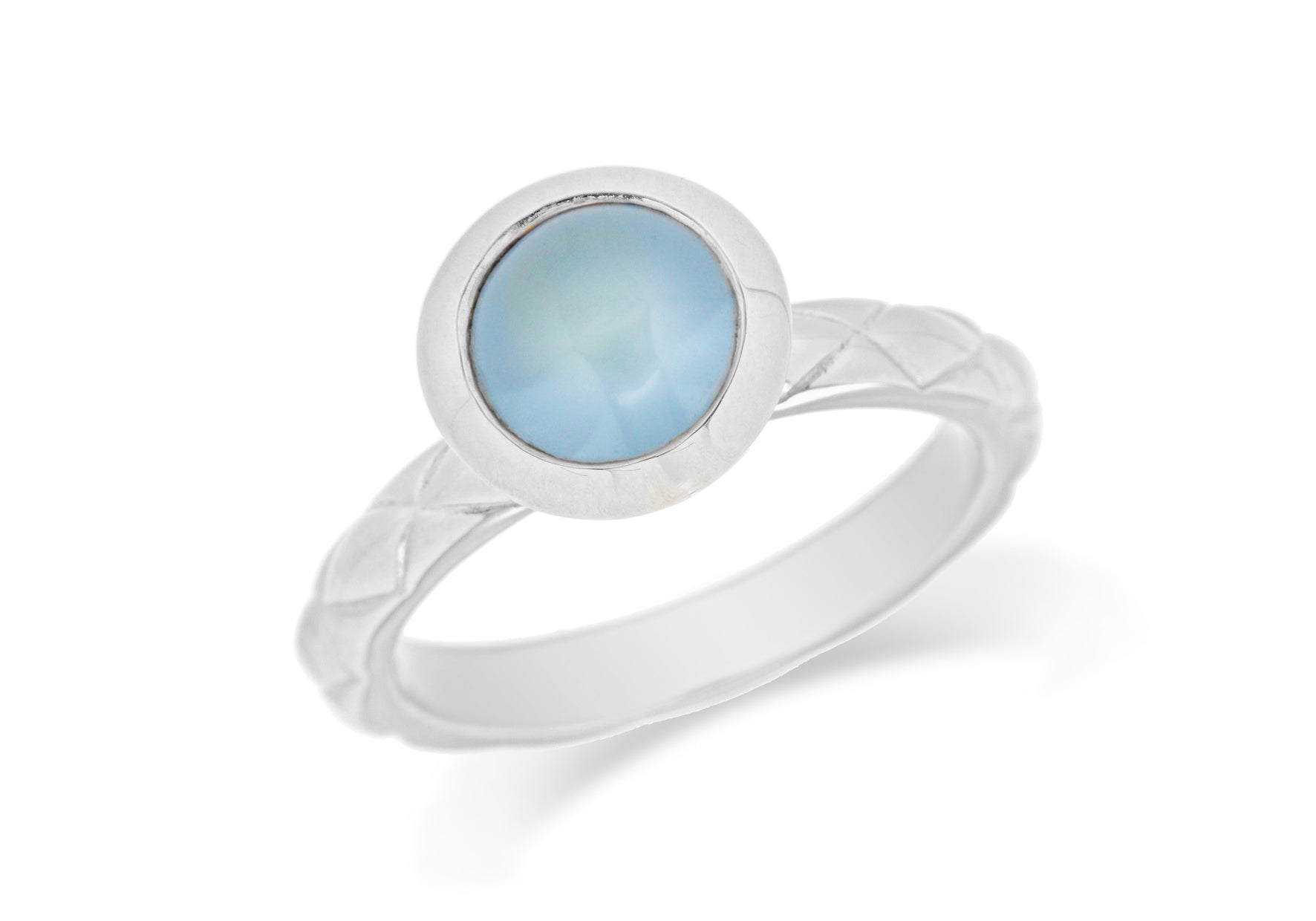 Sterling Silver Rhodium Plated Round Blue Opaque Crystal Patterned Stacking Ring