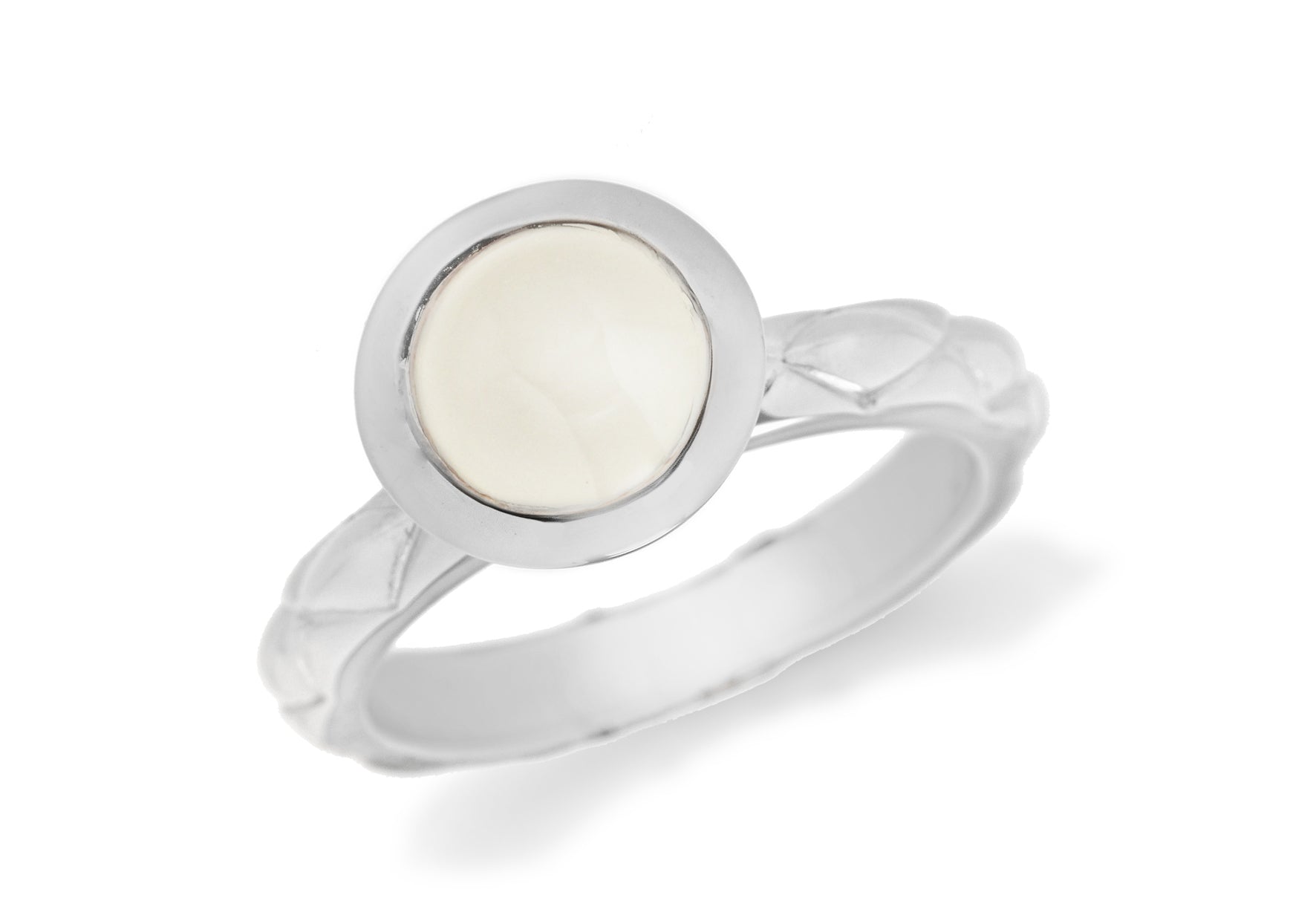 Sterling Silver Rhodium Plated Round White Opaque Crystal Patterned Stacking Ring