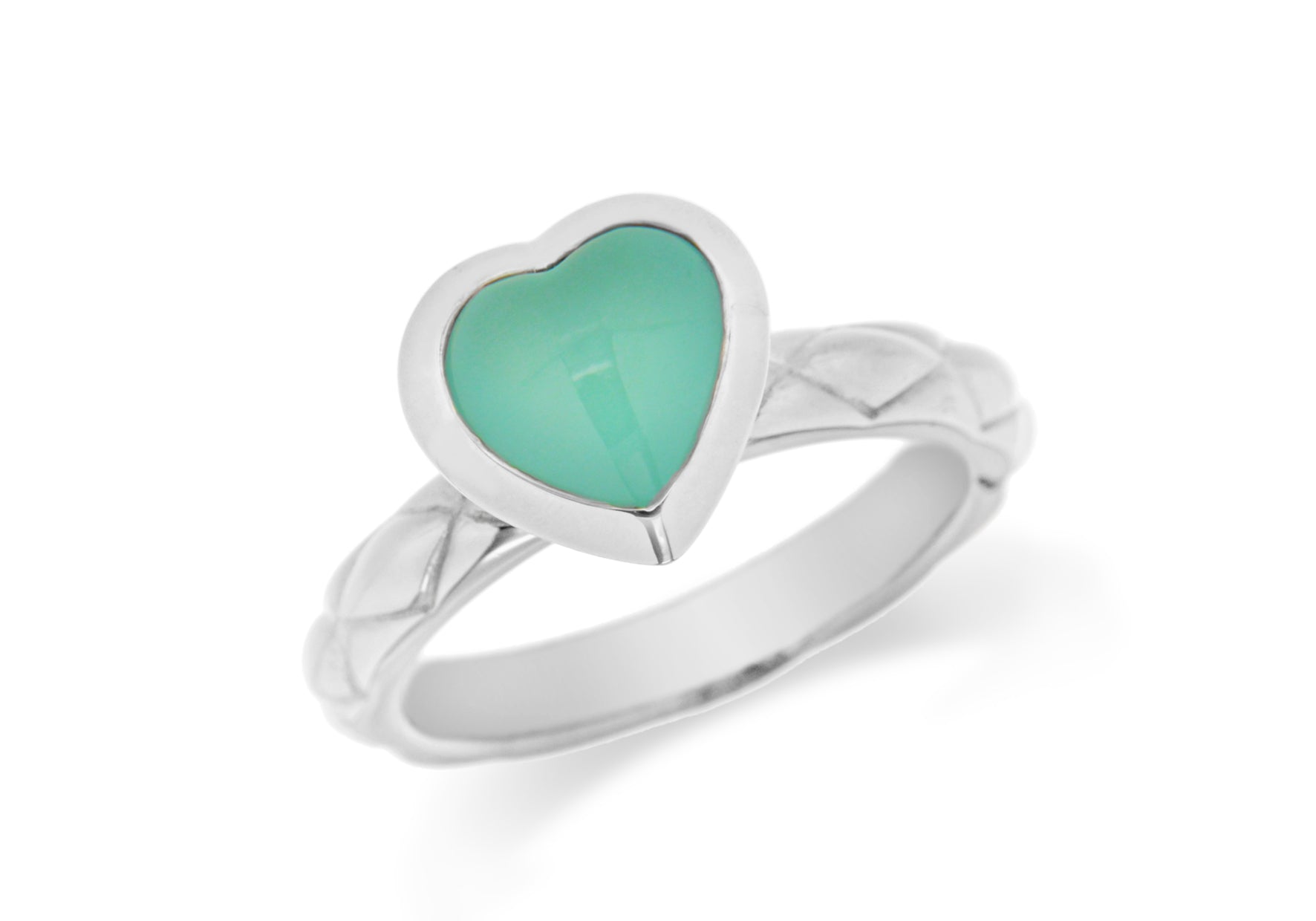 Sterling Silver Rhodium Plated Turquoise Opaque Crystal Heart Patterned Stacking Ring